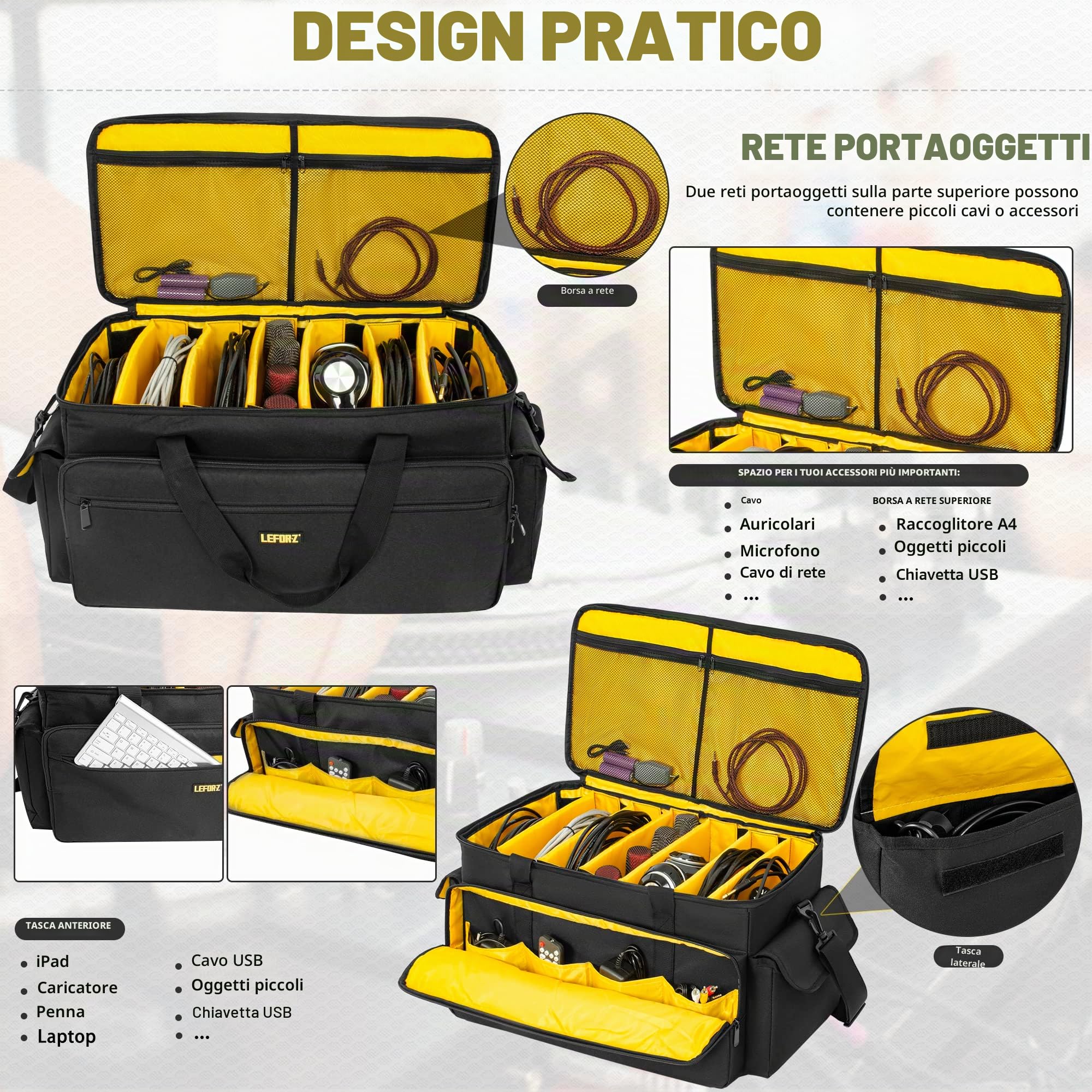 LEFOR·Z Borsa DJ,Borsa grande per Attrezzatura da DJ,borsa per organizer per file,cavi,con divisori rimovibili e fondo imbottito,Attrezzatura Musicale e Accessori
