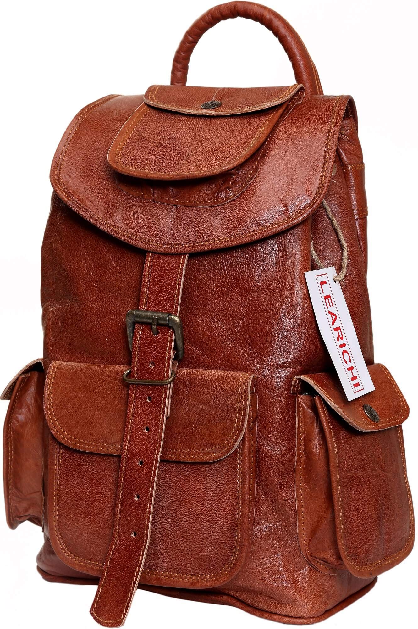 Urban Leather Backpack for Men | Leather Backpack for Women | Handmade Drawstring Bag for Boys & Girls Medium Size 14 inches