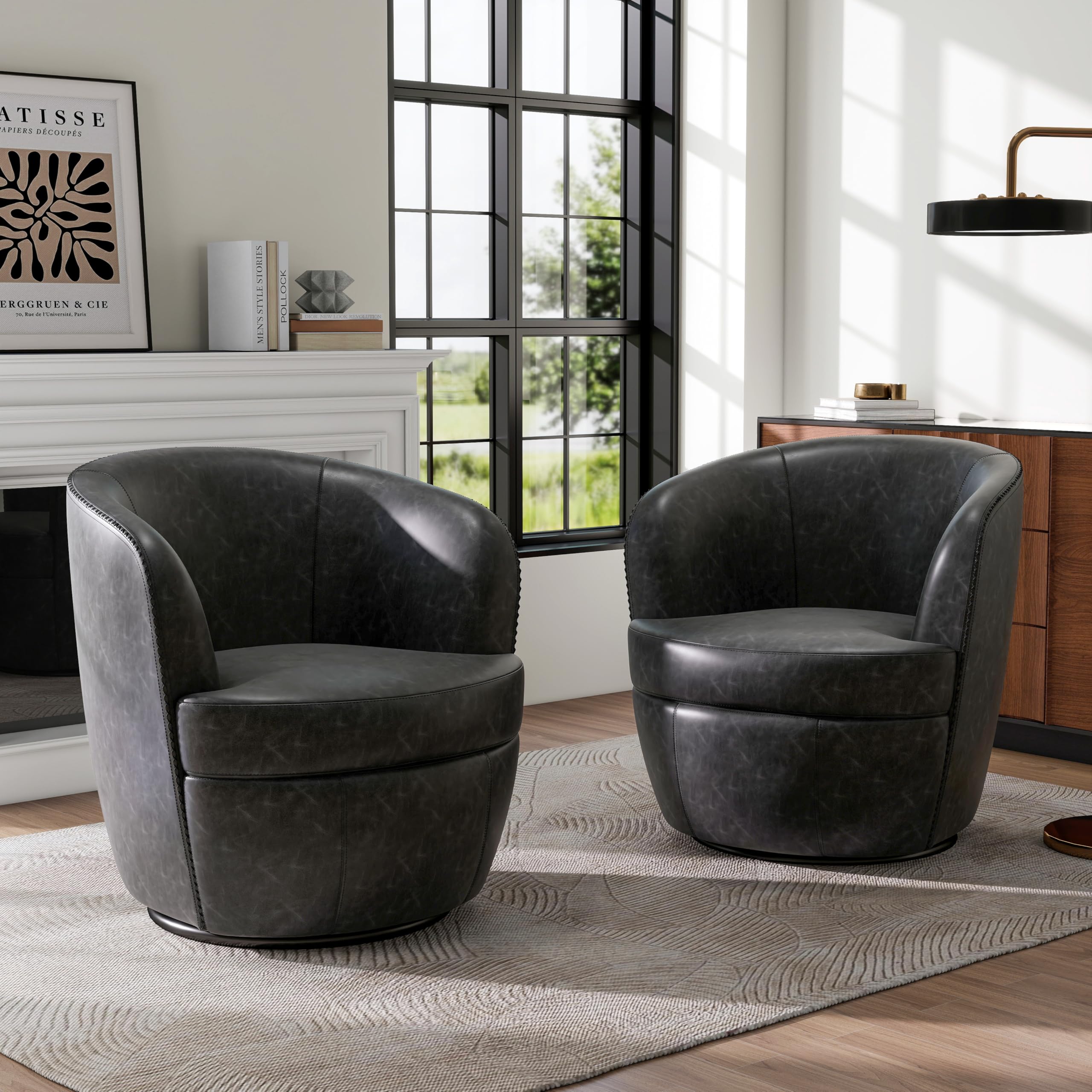 - Swivel Barrel Chair, Modern Round PU Leather Accent Armchair for Living Room, Bedroom, Comfy Club Reading Chairs for Adults (Leather Black Grey, Set of 2)