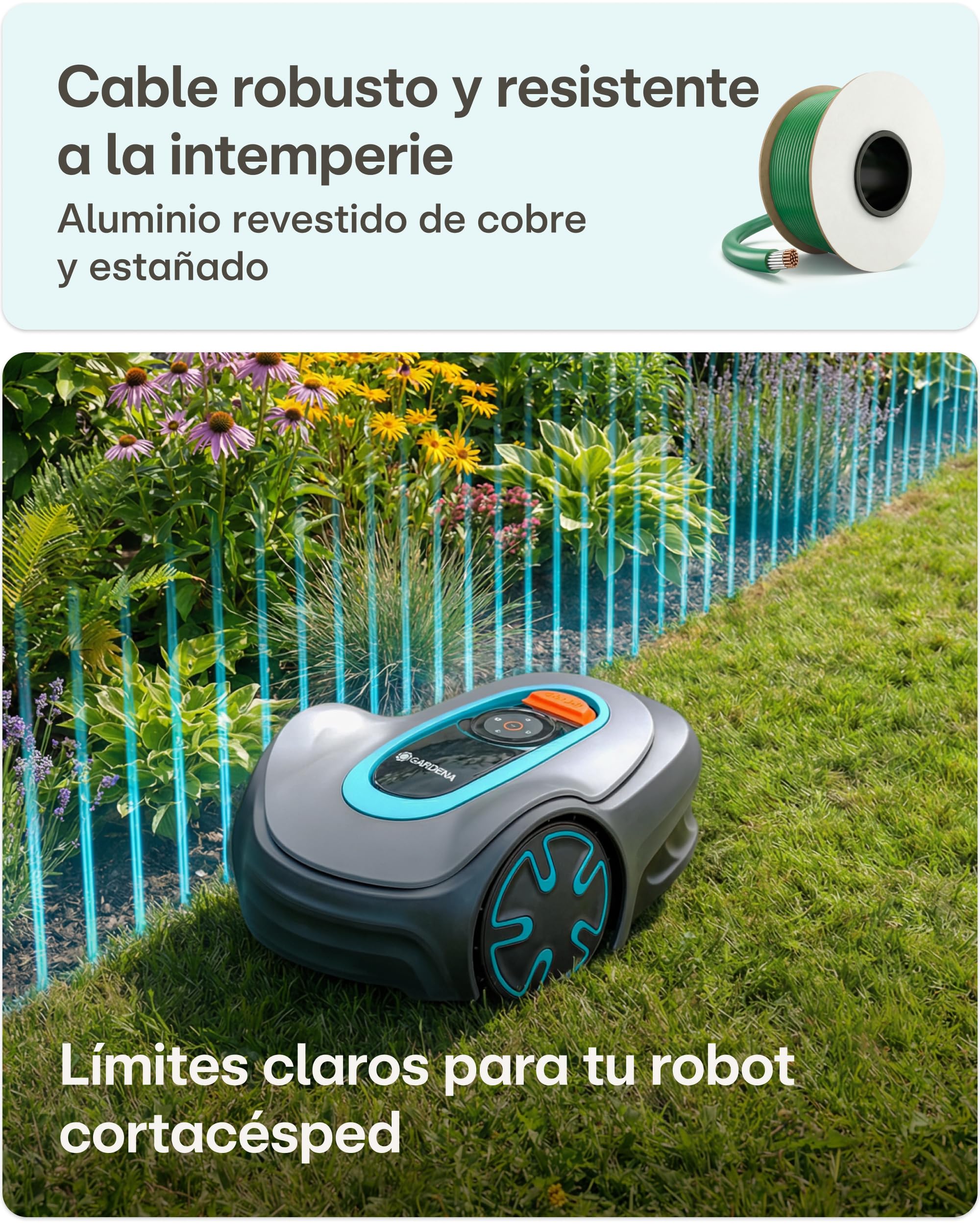 Praknu Kit Cable Delimitador Robot Cortacésped (150 m) – Cable Perimetral con Conectores – Incluye 150 m de Cable, Piquetas y Conectores Gel – Accesorios Robot Cortacésped Universales