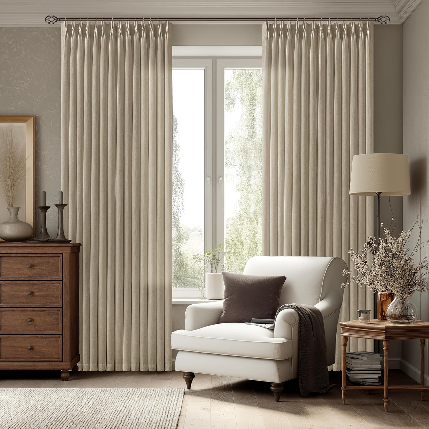 Tan Beige Pinch Pleated Linen Curtains 86 Inch Length 2 Panels for Living Room Bedroom Light Filtering Burlap Semi Sheer Window Curtain Boho Farmhouse Back Tab Pinch Pleat 86 Inch Drape Khaki Camel