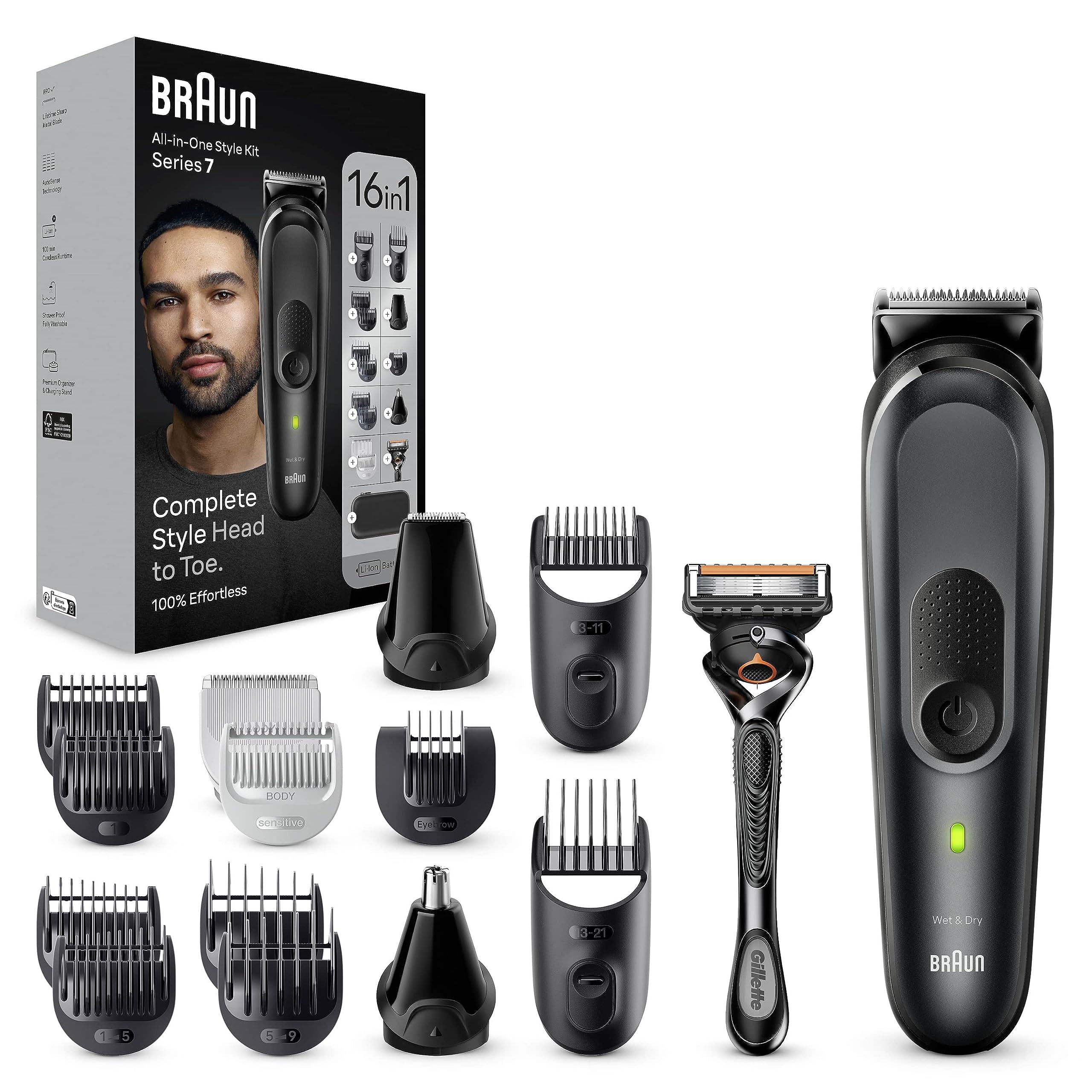 Braun Todo en uno Serie 7 MGK7470, 16 en 1, cuidado diario para hombres, recortar la barba y el cabello, afeitado, depilación de orejas y nariz y más, base de carga y funda, impermeable