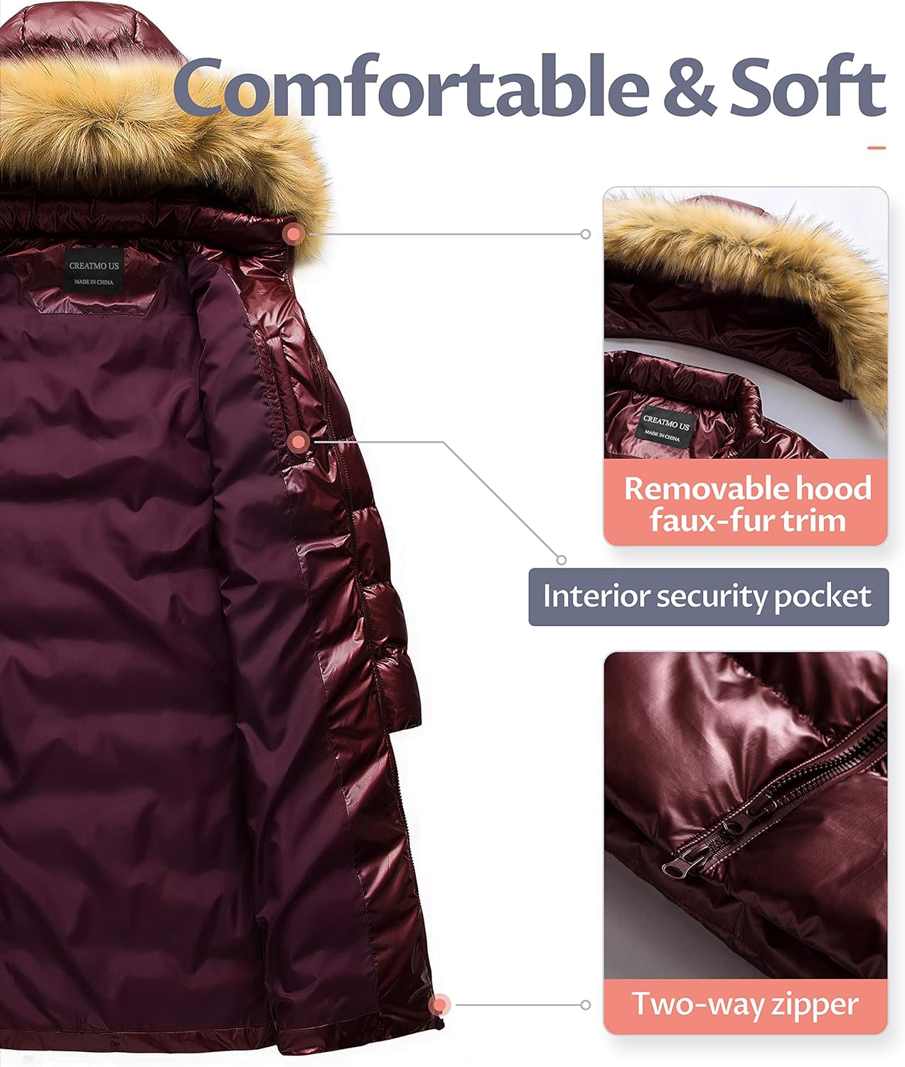 CREATMO US Women's Long Winter Faux Fur Coat Puffer Warm Jacket with Detachable Hood - Image 3