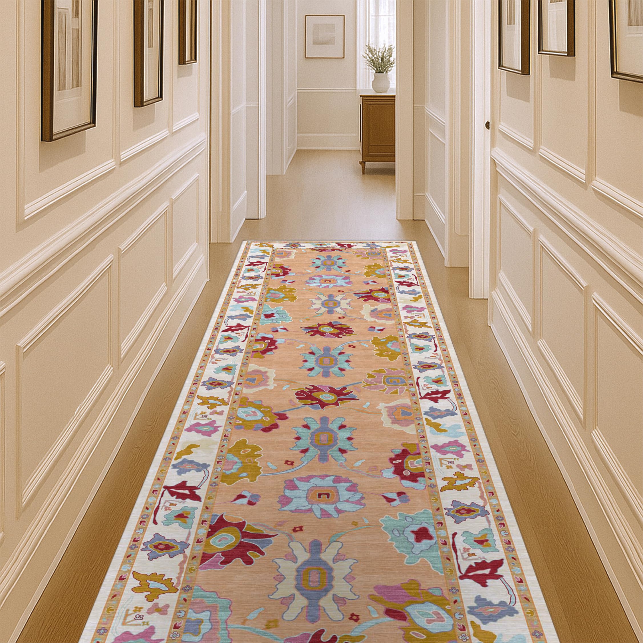 Fame Living Orange Oushak Runner Rug, Modern Runners, Vintage, Turkish, Eclectic, Floral, Pastel, Washable, Runner for Hallway, Kitchen, Bedroom,