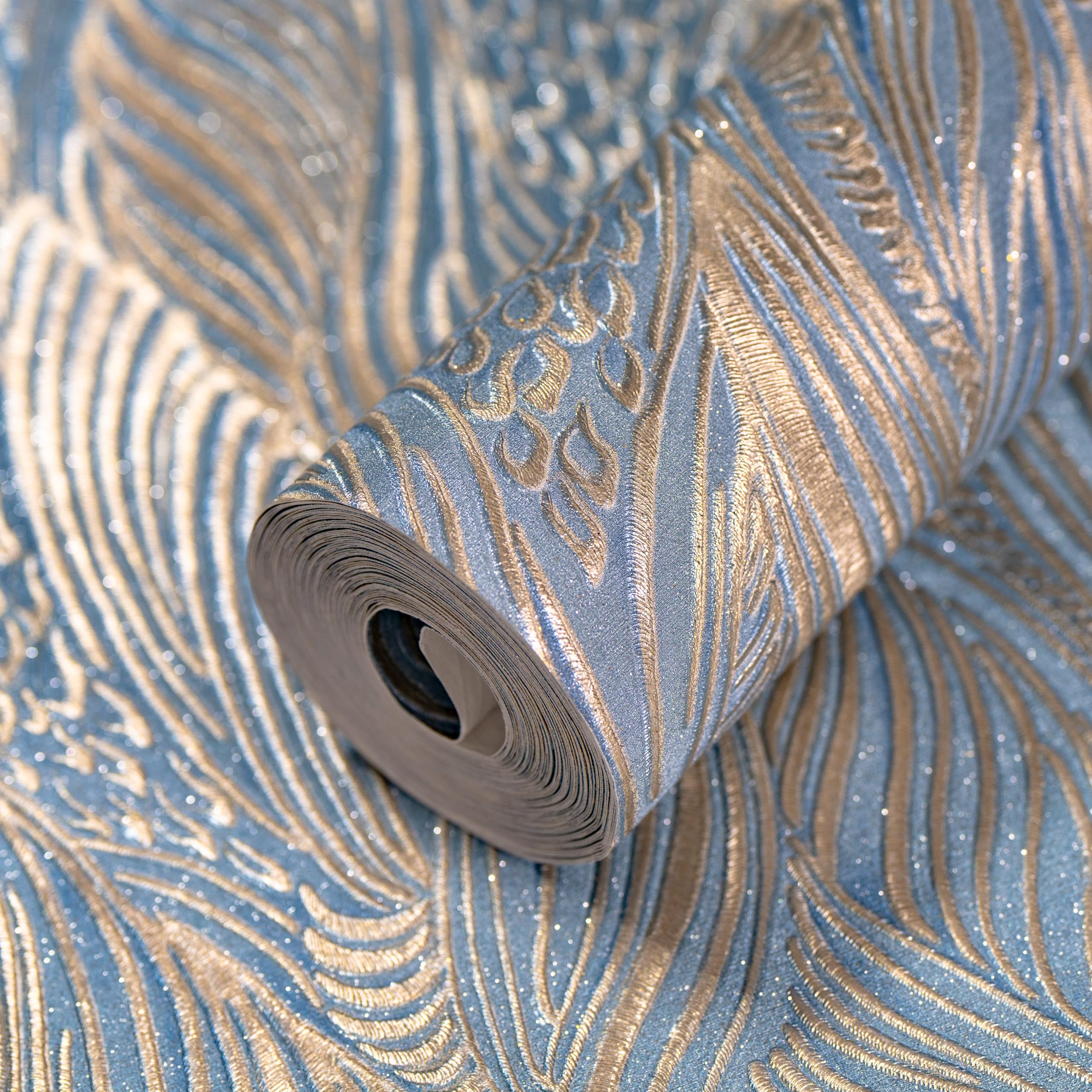 wolpin Wallpaper Non-Woven Non-Adhesive 53CM X 9.5M (± 3%) Textured Ornate Dense Waves Leaf Pattern Golden Design, Blue (B0DHPZJ58J) Amazon Price History, Amazon Price Tracker