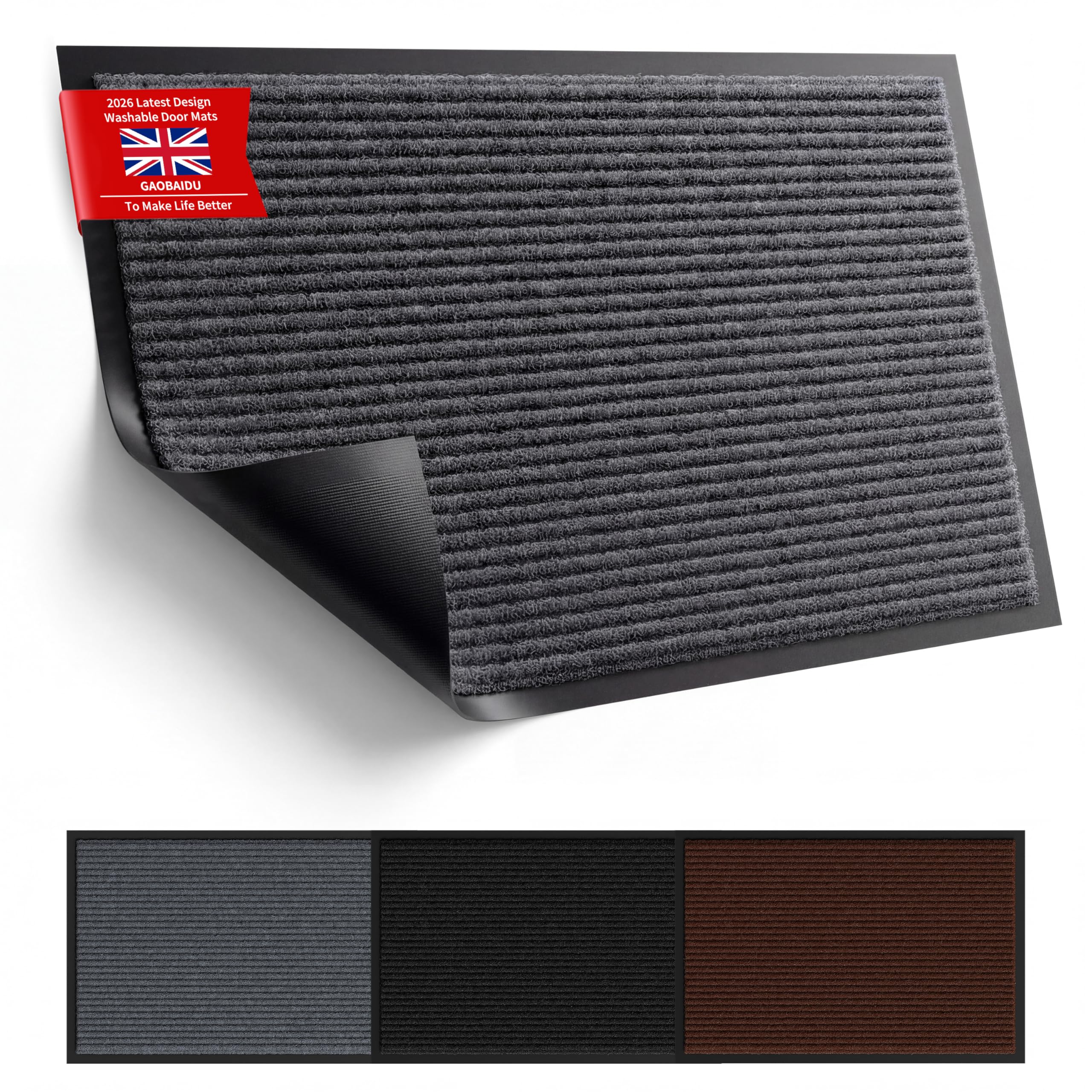 gaobaidu Washable Door Mats Indoor & Outdoor,Absorbent, Non-Slip,Rubber Backed Dust & Dirt Trapping Doormat, Barrier Mat & Entrance Rugs (GREY, 90x150cm)