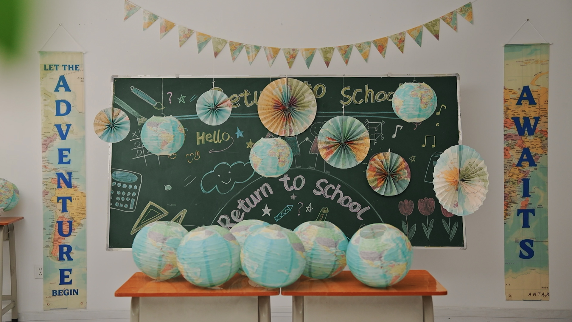 Image of 20 Pcs Globe Map Classroom Decorations Travel Party Decors Back to School Hanging Paper Lantern Fans Adventure Awaits Bulletin Board Around The World Party Decorations for Classroom Earth Day Birthday