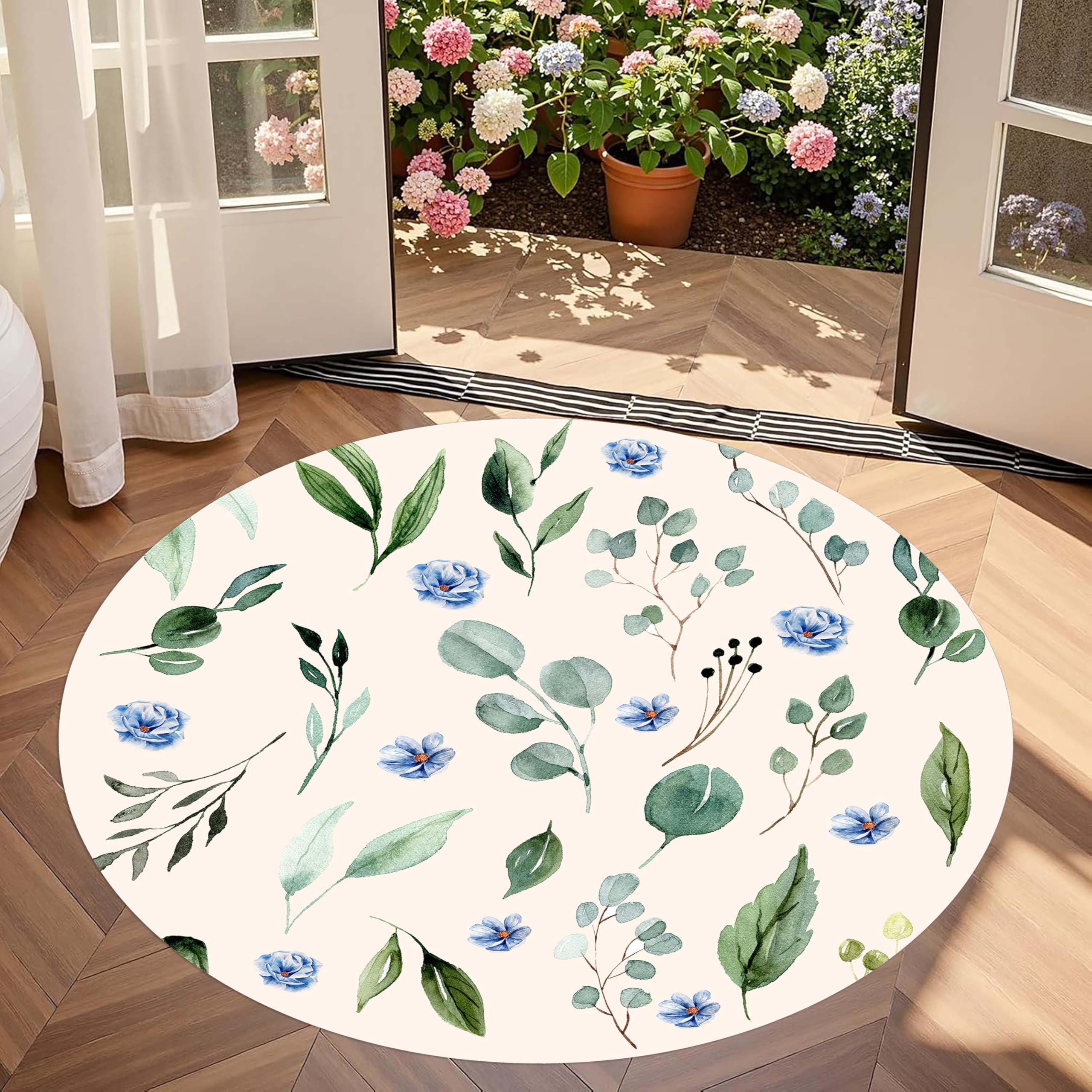 LHOMKCV Rustic Floral Small Round Rug, 100cm, Boho Blue Flower Pattern Countryside Style Farmhouse Carpet, Soft Fade Resistant Washable Rugs for Living Room Bedroom