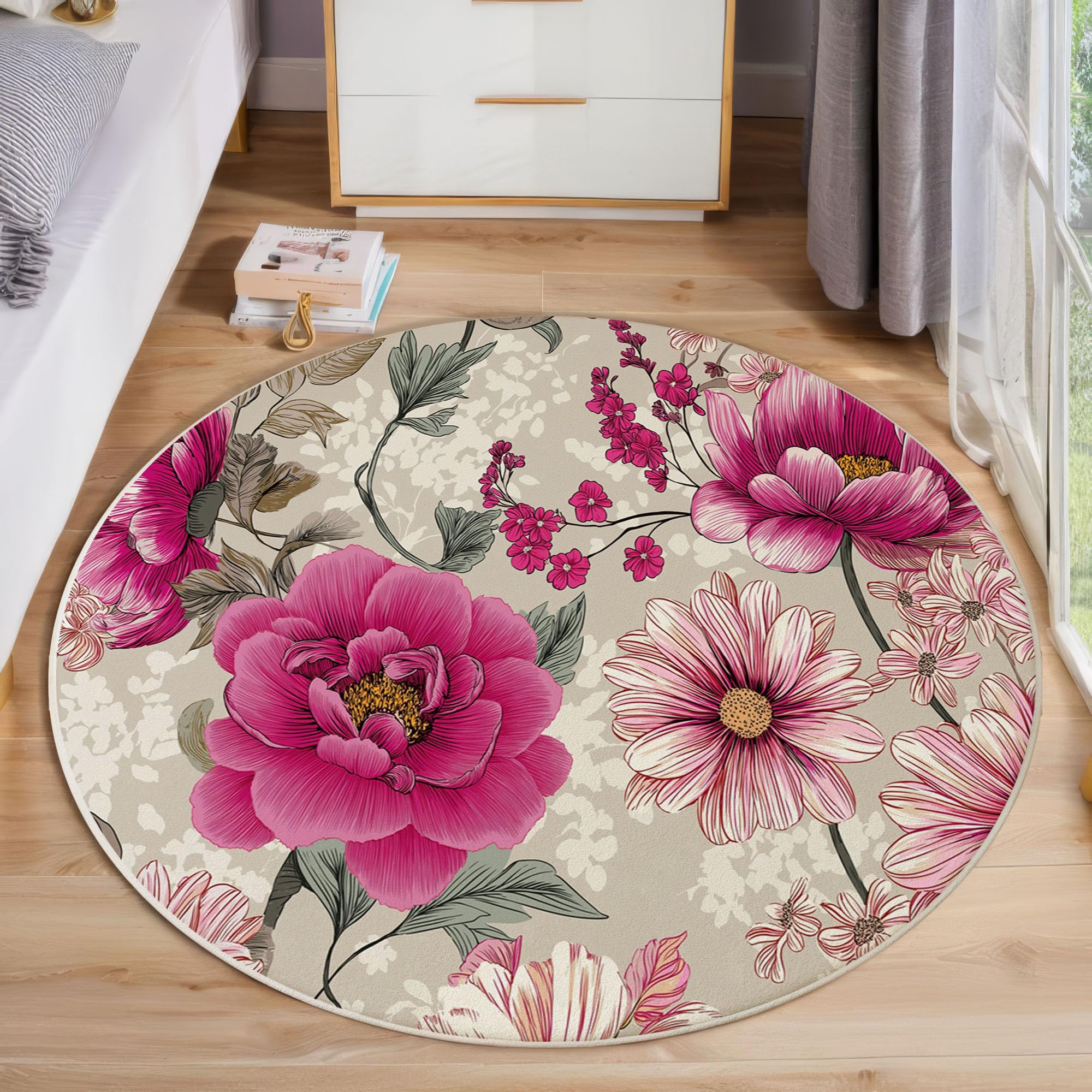 Tapis rond floral rétro moquette beige antidérapante de 120 cm