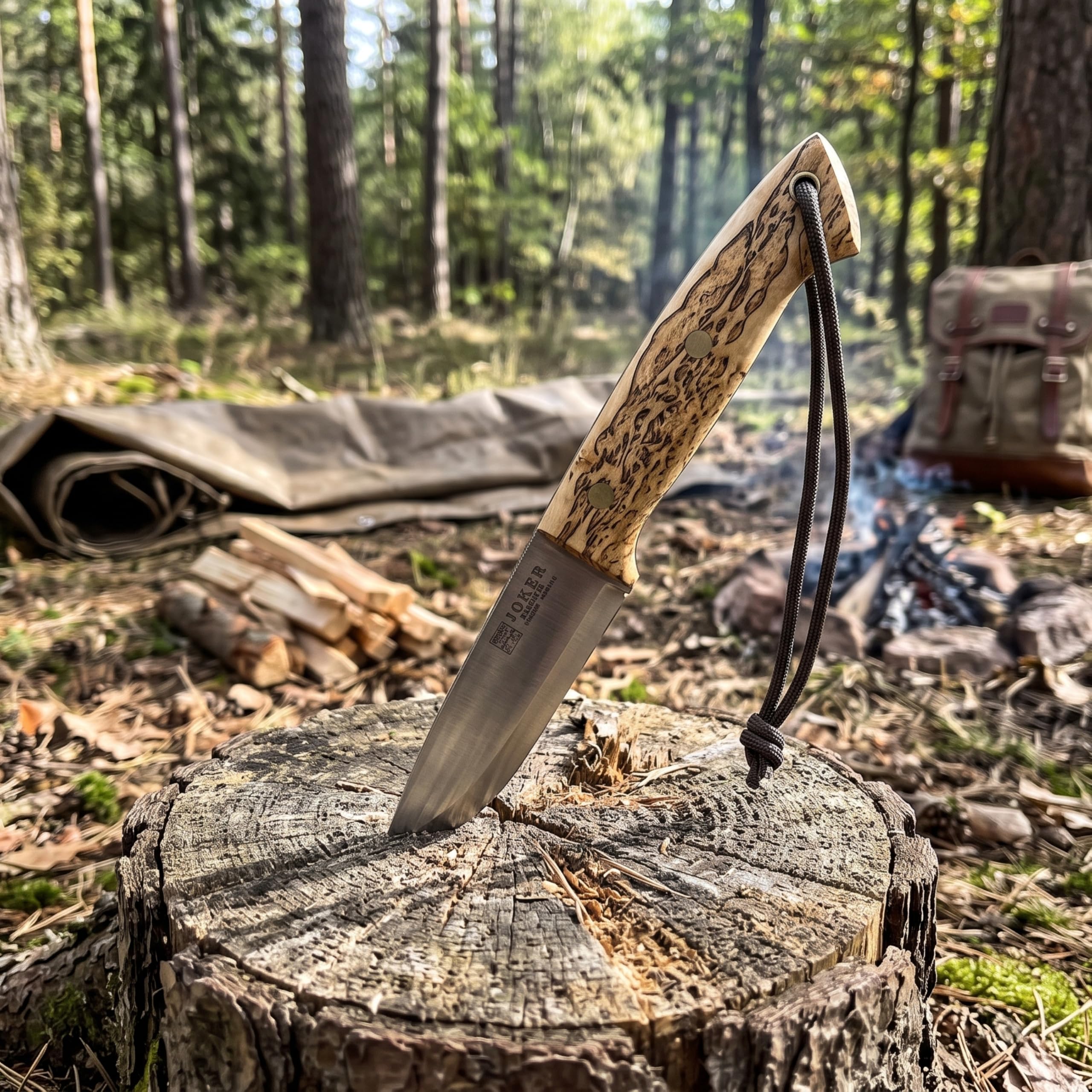 Joker CL143-P Jagdmesser Ranger – 11 cm Klinge, Griff aus Maserbirke, braune Lederscheide mit Feuerstahl – Outdoor-, Angel-, Jagd- und Campingmesser