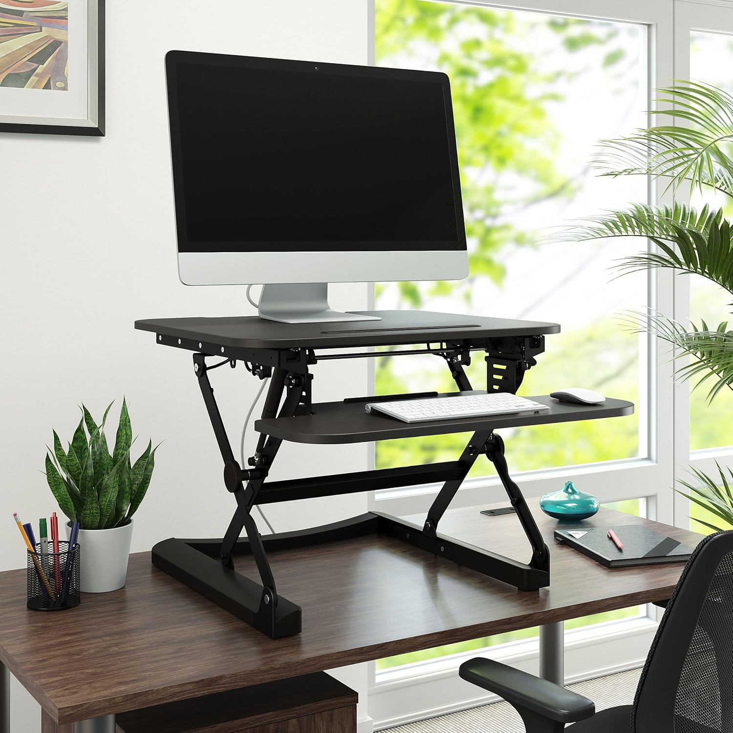 STAPLES Desktop Computer and Monitor Desk, Countertop Adjustable Riser, Laminate Wood, 26.8" W