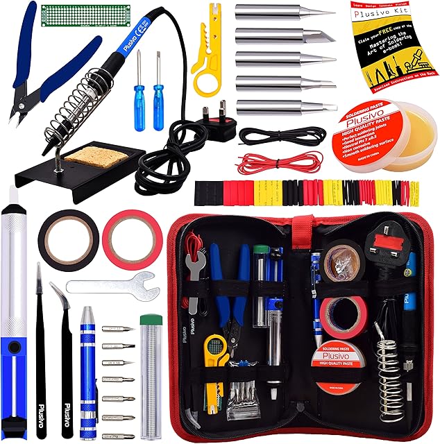 Soldering Iron Kit - Soldering Iron 60 W Adjustable Temperature, Diagonal Wire Cutter, Solder Wire, 5pcs Solder Tips, Desoldering Pump, Solder Paste, Tweezers, Heatshrink Tubes - [230 V, UK Plug]