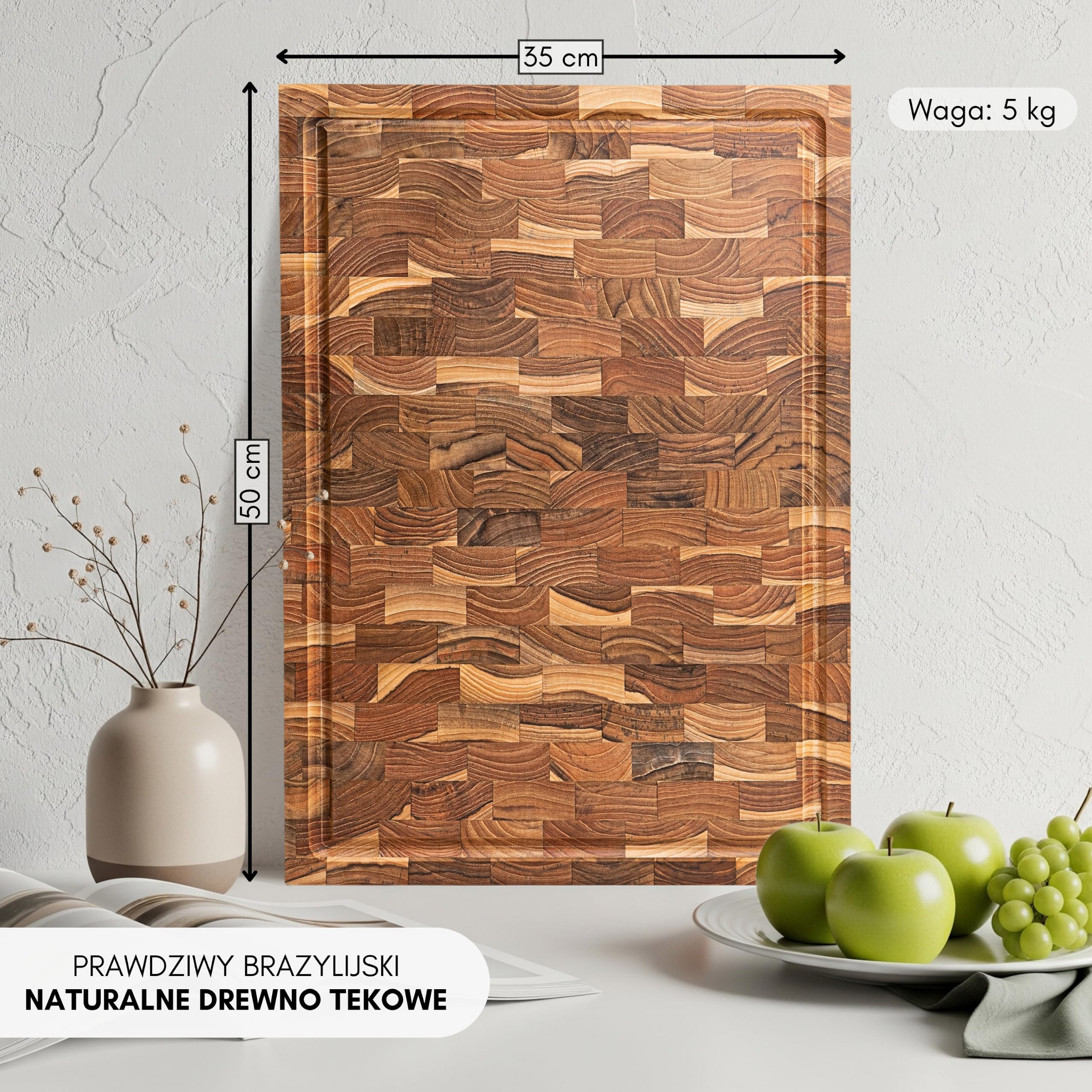 Erreke Deska z Drewna Tekowego End Grain, 50x35x5 cm, Duża i Gruba, Trwały | Typu Blok Rzeźnicki z Rowkiem. Antypoślizgowe Nóżki i Fazowane Uchwyty. Drewniana Deska Kuchnia. Do Sera Wędlin Mięsa Chleba