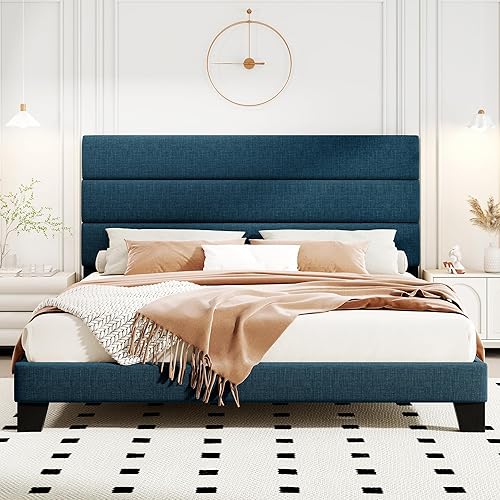 Miniatura 25 de HOOMIC Base de cama de tamaño matrimonial con cabecero, plataforma tapizada de tela con soporte de listones de madera fuerte, base de colchón, no