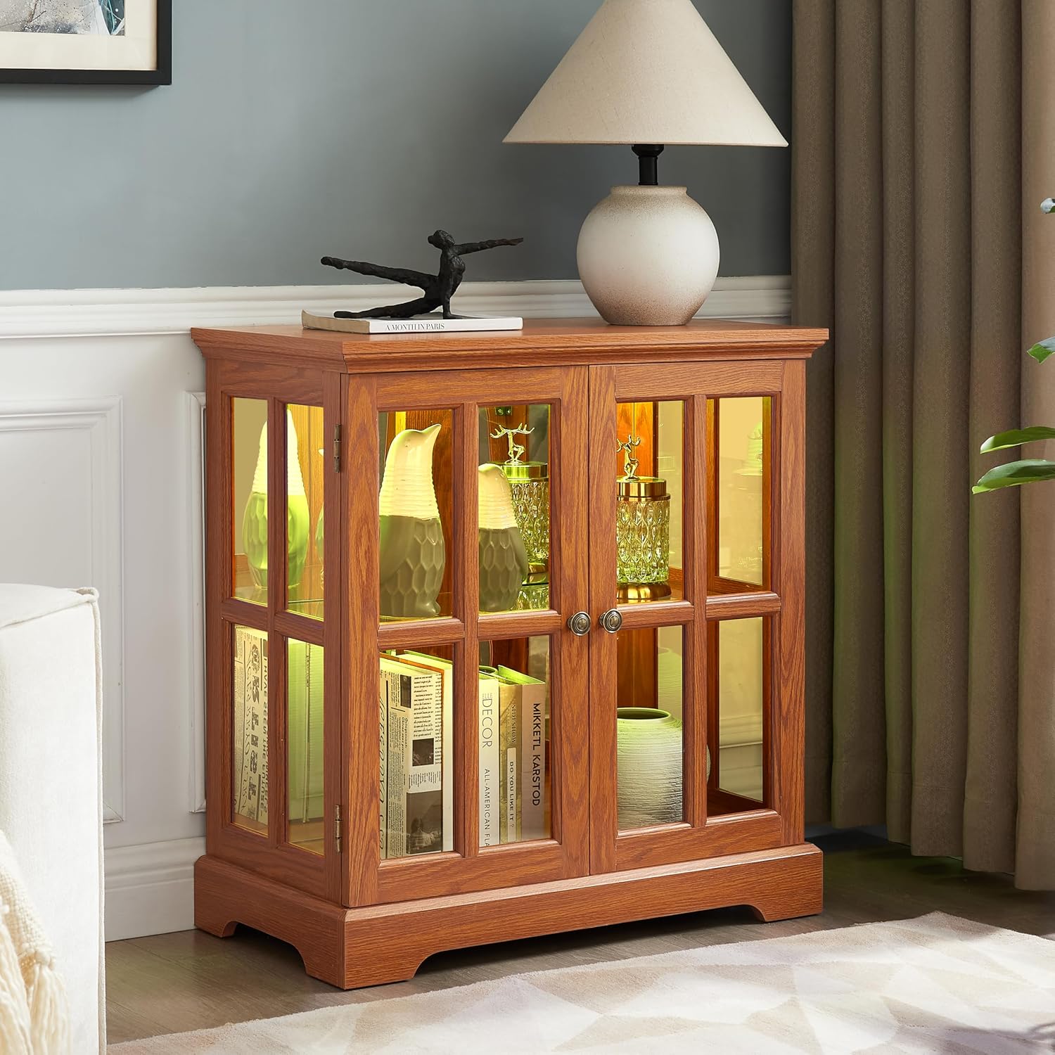 30" Glass Curio Display Storage Cabinet with LED Light, Modern 2 Lattice Doors Tableware Display Sideboard w/Adjustable Shelves, Retro Design Quality Showcase Bookcase for Home (Dark Oak)
