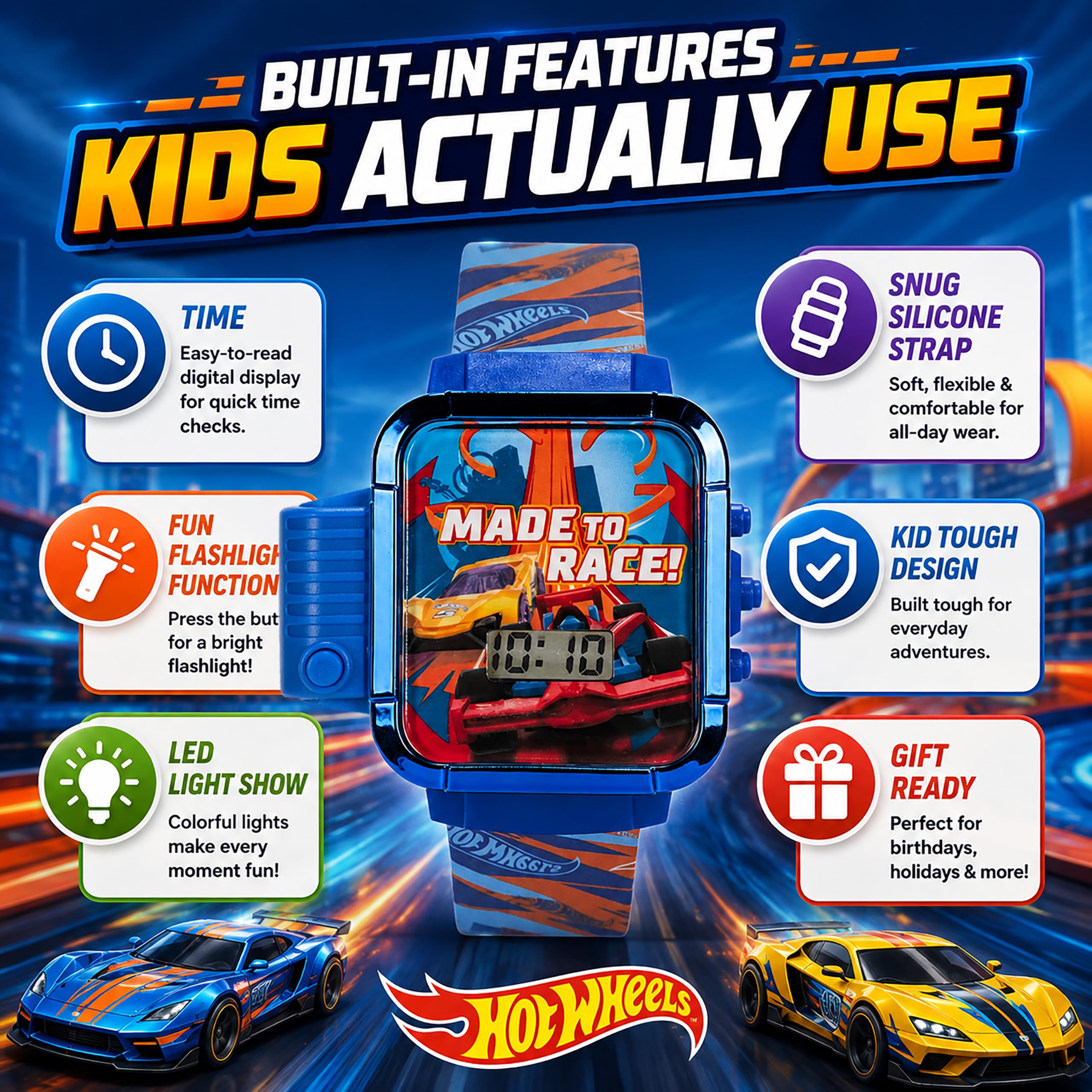 Hot Wheels Montre numérique pour Enfants avec lumière LED, Lampe de Poche | Écran LED lumineux, sangle de personnage imprimée, design résistant à l'eau et ajustement réglable pour poignets de 14 à 21,6