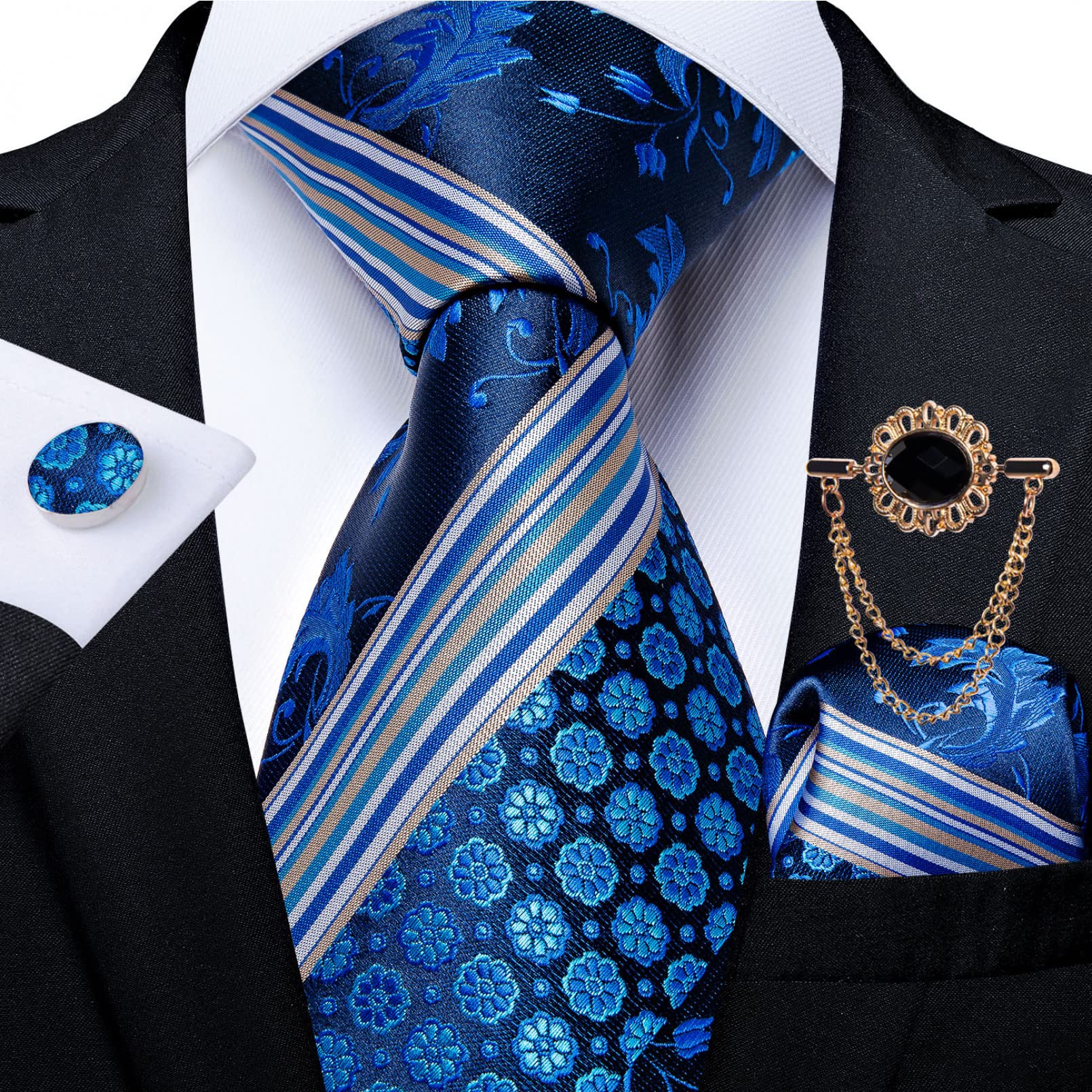 Corbata de los hombres Corbata azul Paisley Floral Hombres Negocios Corbata 8cm Ancho Seda Corbata Broche Set Regalo de los Hombres