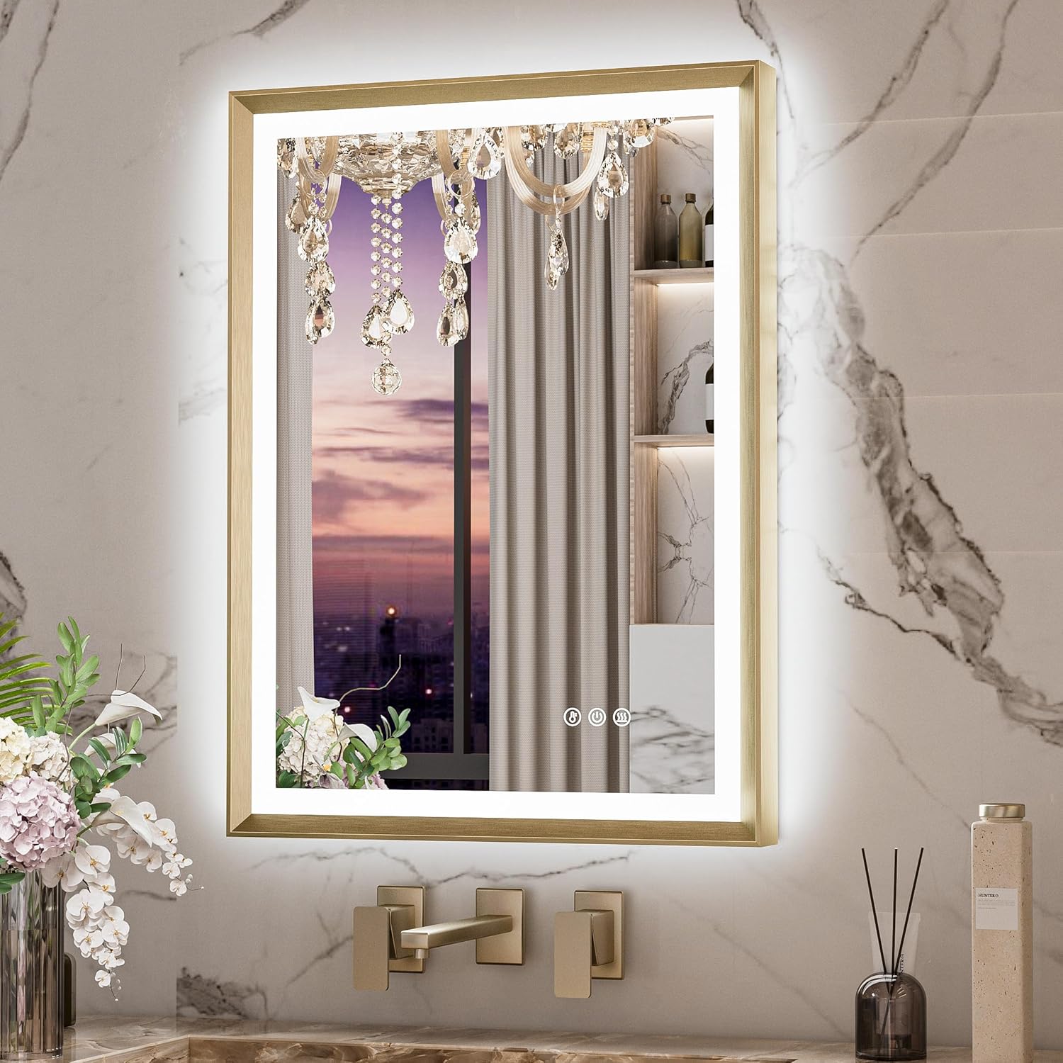 Keonjinn Gold LED Bathroom Mirror 20 x 28 Inch with Frontlit & Backlit, Lighted Vanity Mirrors Metal Framed for Wall, Stepless 3 Colors Lights, Anti Fog, Tempered Glass, Brighter and No Dark Corner Keonjinn Gold LED Bathroom Mirror 20 x 28 Inch with Frontlit & Backlit, Lighted Vanity Mirrors Metal Framed for Wall, Stepless 3 Colors Lights, Anti Fog, Tempered Glass, Brighter and No Dark Corner