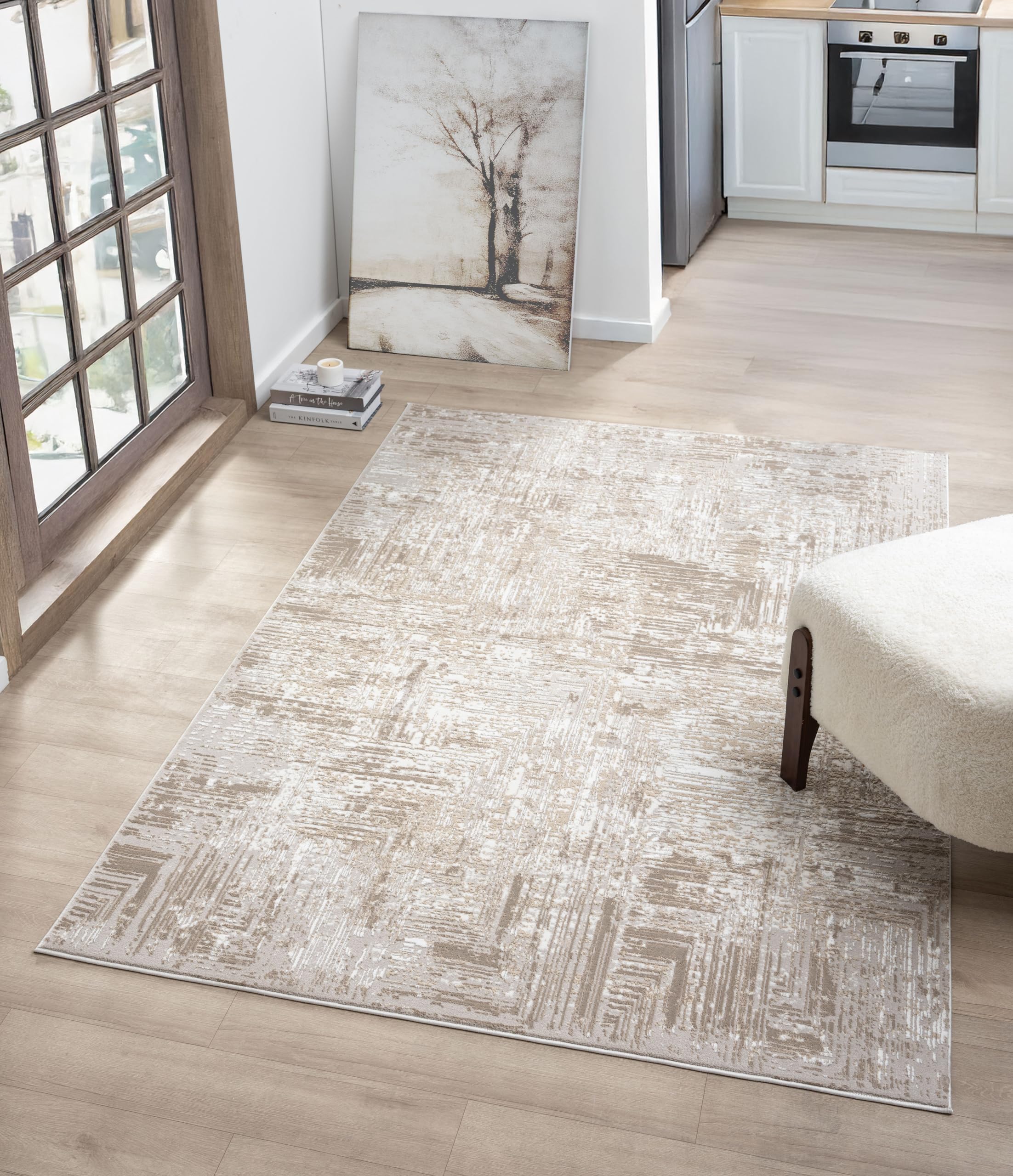 RUGGERRUGS Amy Modern Abstract Area Rug for Living Room, 6x9 Contemporary Textured Geometric Beige Neutral Rug, Stain Resistant Non-Shedding Carpet