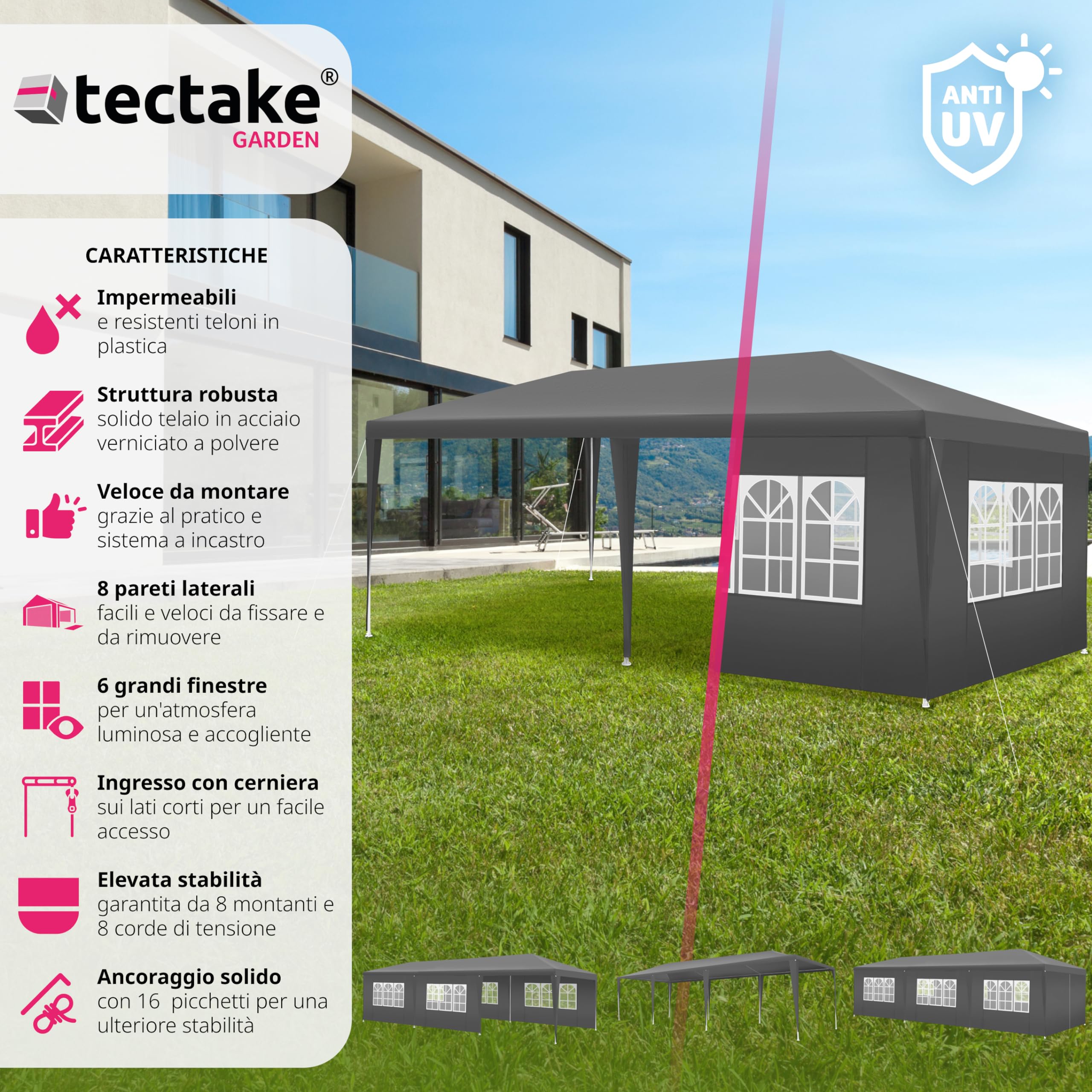 tectake® Tendone per Feste, Padiglione Gazebo Esterno Resistente con 8 Pezzi Laterali, Gazebo da Esterno con Finestre, Impermeabile, Resistente ai Raggi UV, 900 x 300 x 250 cm - Grigio
