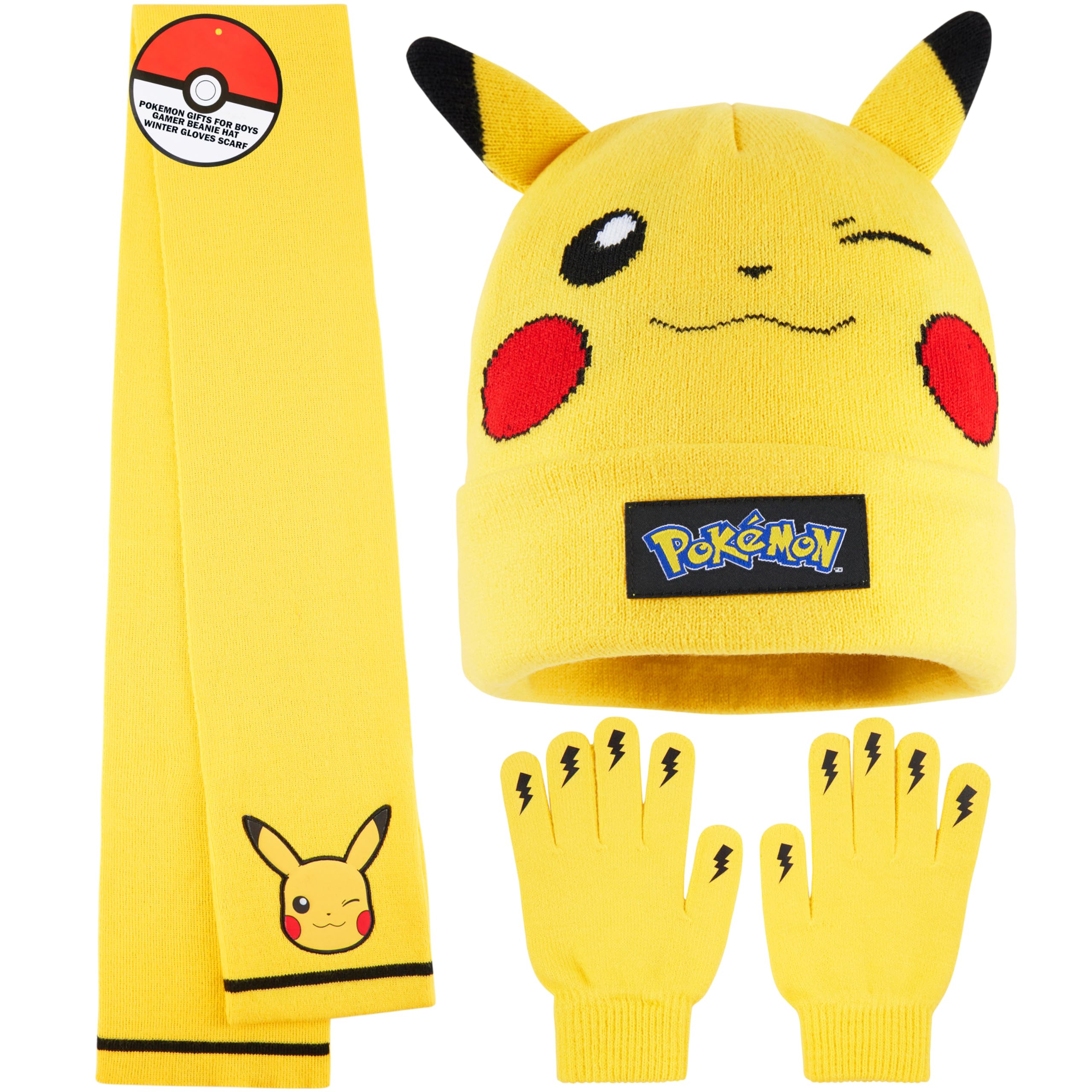 Pokémon Conjunto Bufanda y Gorro y Guantes Niño 8-10 Años, Pikachu Accesorios de Invierno Suave para Frío, Regalos de Anime