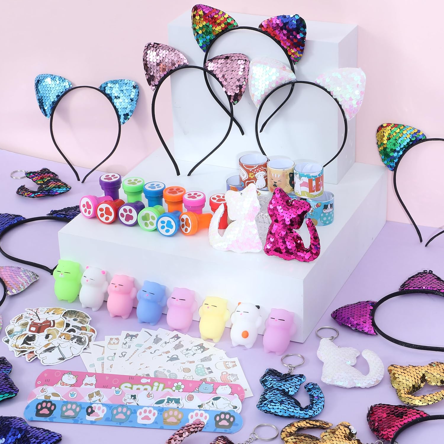 SNLN Cat Party Favors Birthday Supplies for Girls Sequin Headband Squishy Toy Keychain Tattoo Sticker Stamper Slap Bracelet Cat Sticker Goodie Bag Stuffer Kids Cat Birthday Party Supplies Decorations