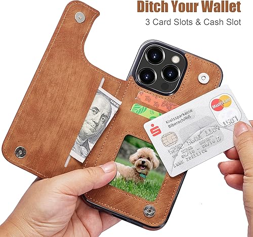 Miniatura 3 de Funda tipo cartera compatible con iPhone 15 Pro de piel sintética con ranura para tarjetero, doble cierre magnético, con función atril de 6.1