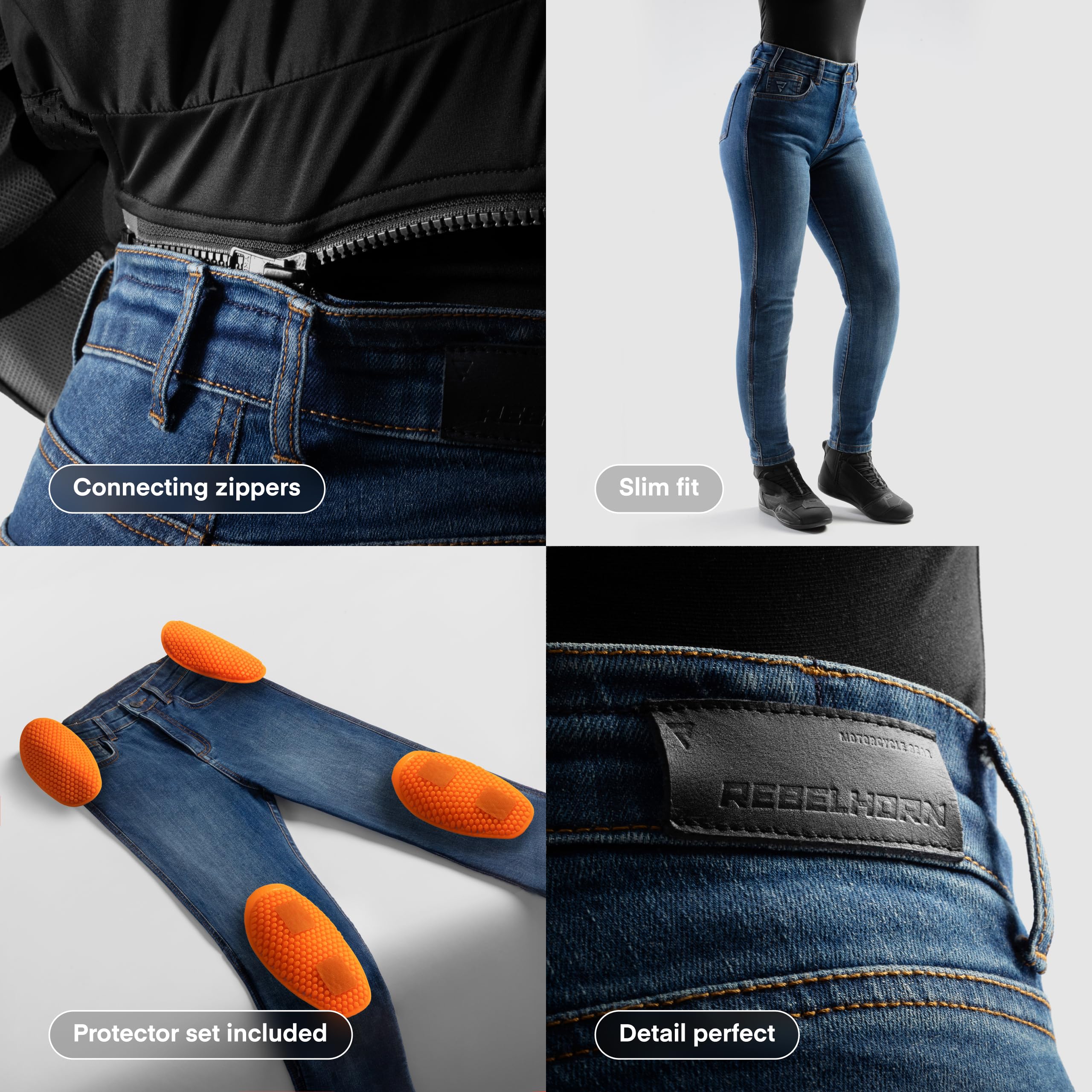 REBELHORN Classic Mono Women Motorradjeans Motorradhose Damen | Monoschicht | Knie und Hüftprotektoren Stufe 2 | Tasche für Steißbeinprotektor | Slim Fit