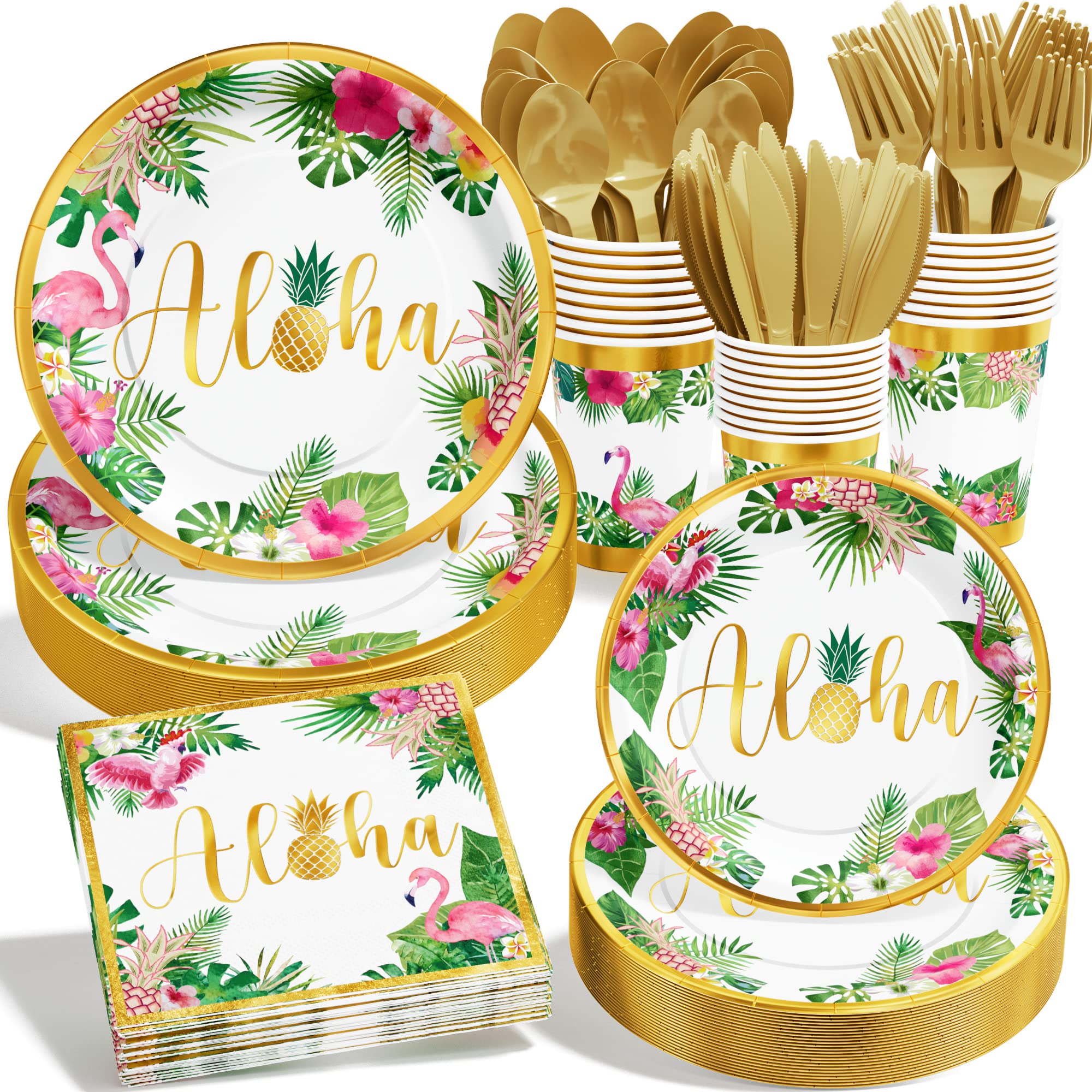 Ecomore Hawaiian Luau Party Decorations Supplies - 175 PCS Aloha Tropical Birthday Disposable Dinnerware Set (25 Guest) Paper Plates Cup Napkin Plastic Fork Knives Spoon for Summer Holiday Beach(Gold)
