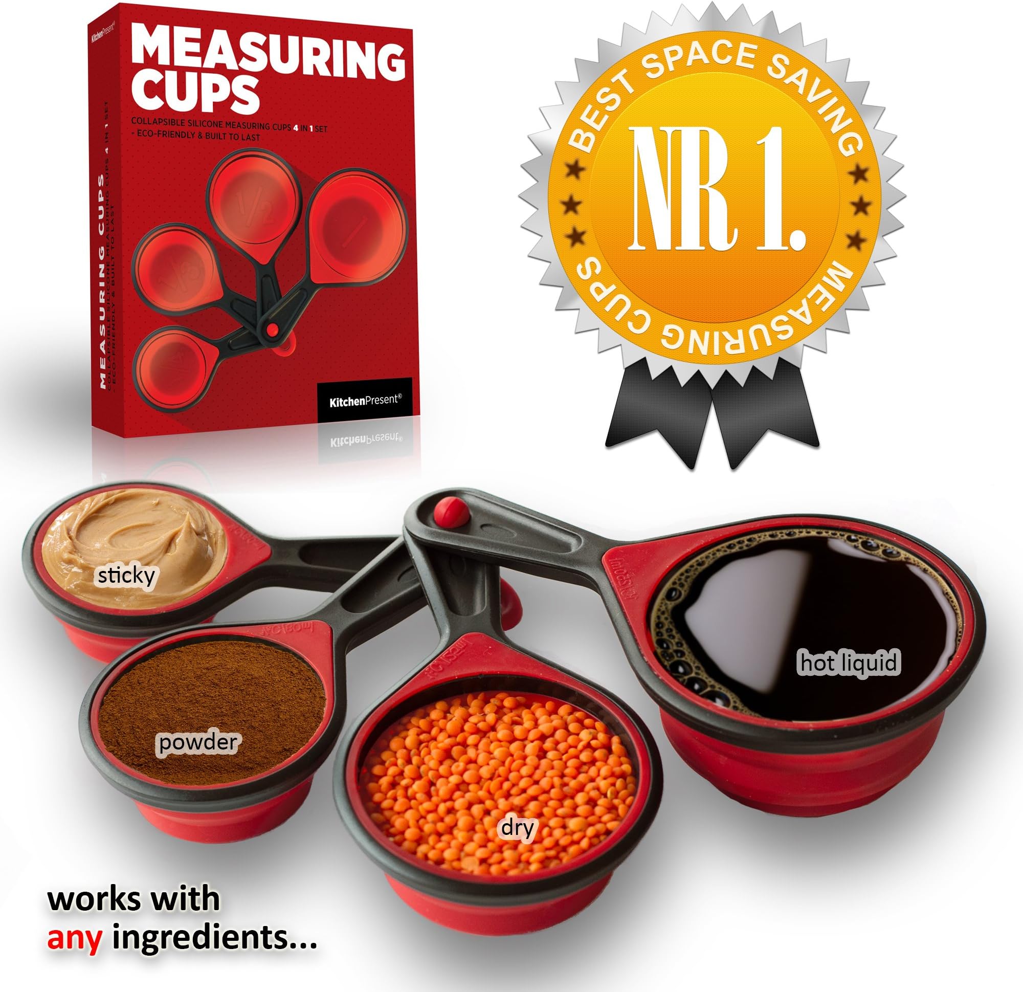Collapsible Measuring Cups - Best Space Saving Silicone Measuring Cups 4 in 1 Set, Red & Black