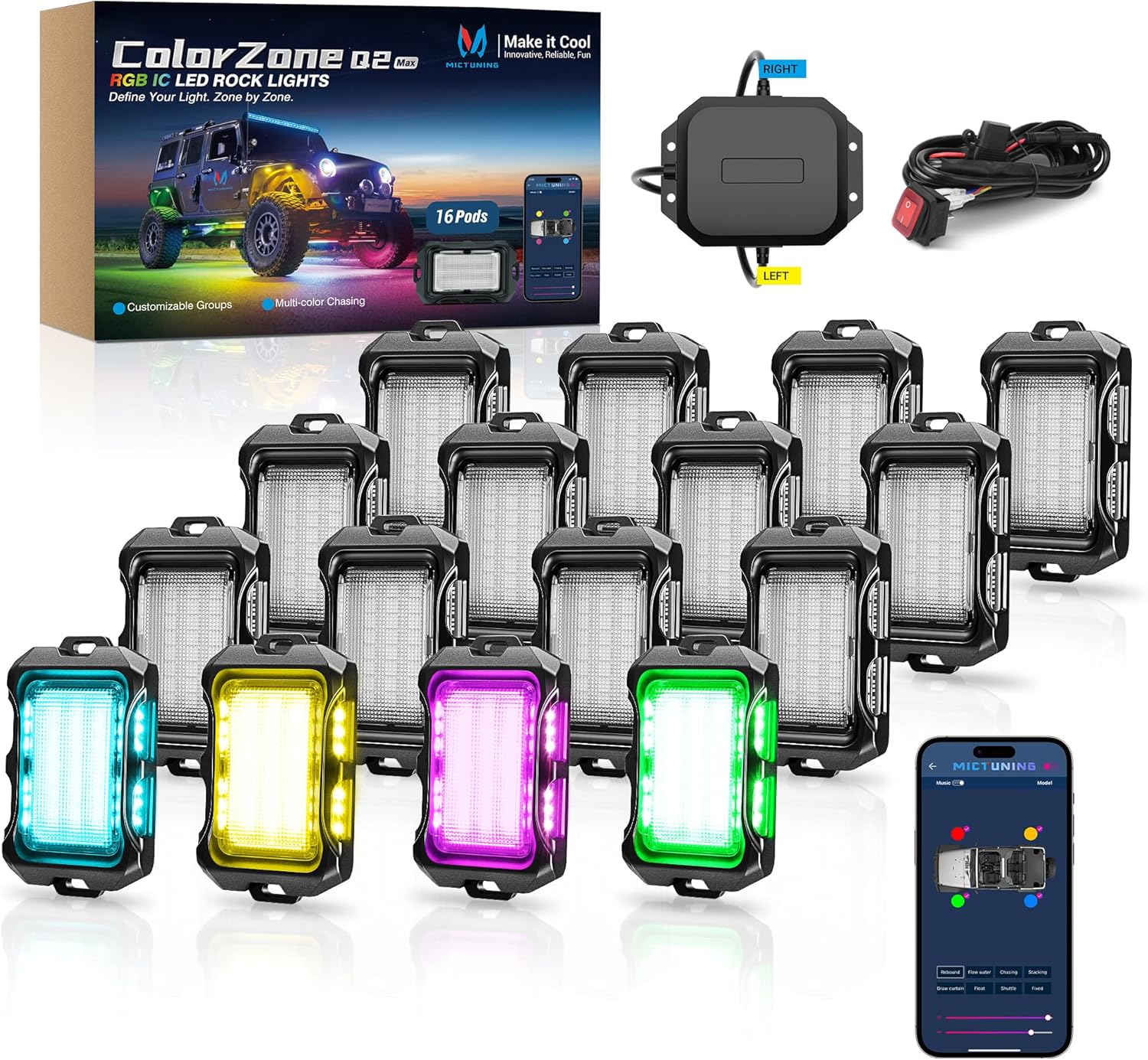 MICTUNING Q2+ MAX RGB+IC Rock Lights - 16 Pods Multi-Color DIY Effect Underglow Neon Kit, Individual Group Control, APP Music Sync, IP68 Waterproof