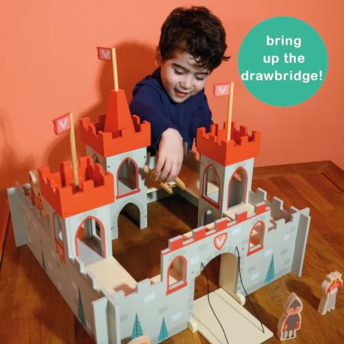 Mentari Toys - King’s Castle - Wooden Fortress Playset with 3 Towers, Drawbridge, Soldiers, Horse and Cart - Encourages Imaginative Play, Storytelling and Skill Development - Age 3+