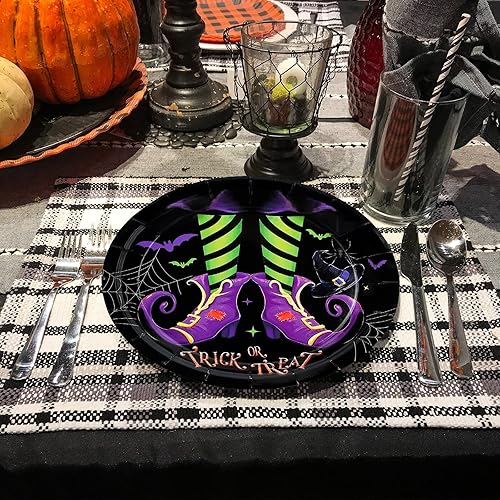 Miniatura 7 de 24 platos de papel de Halloween con patas de bruja, Hocus Pocus, redondos, desechables, 9 pulgadas, telaraña, murciélagos, vajilla decorativa para
