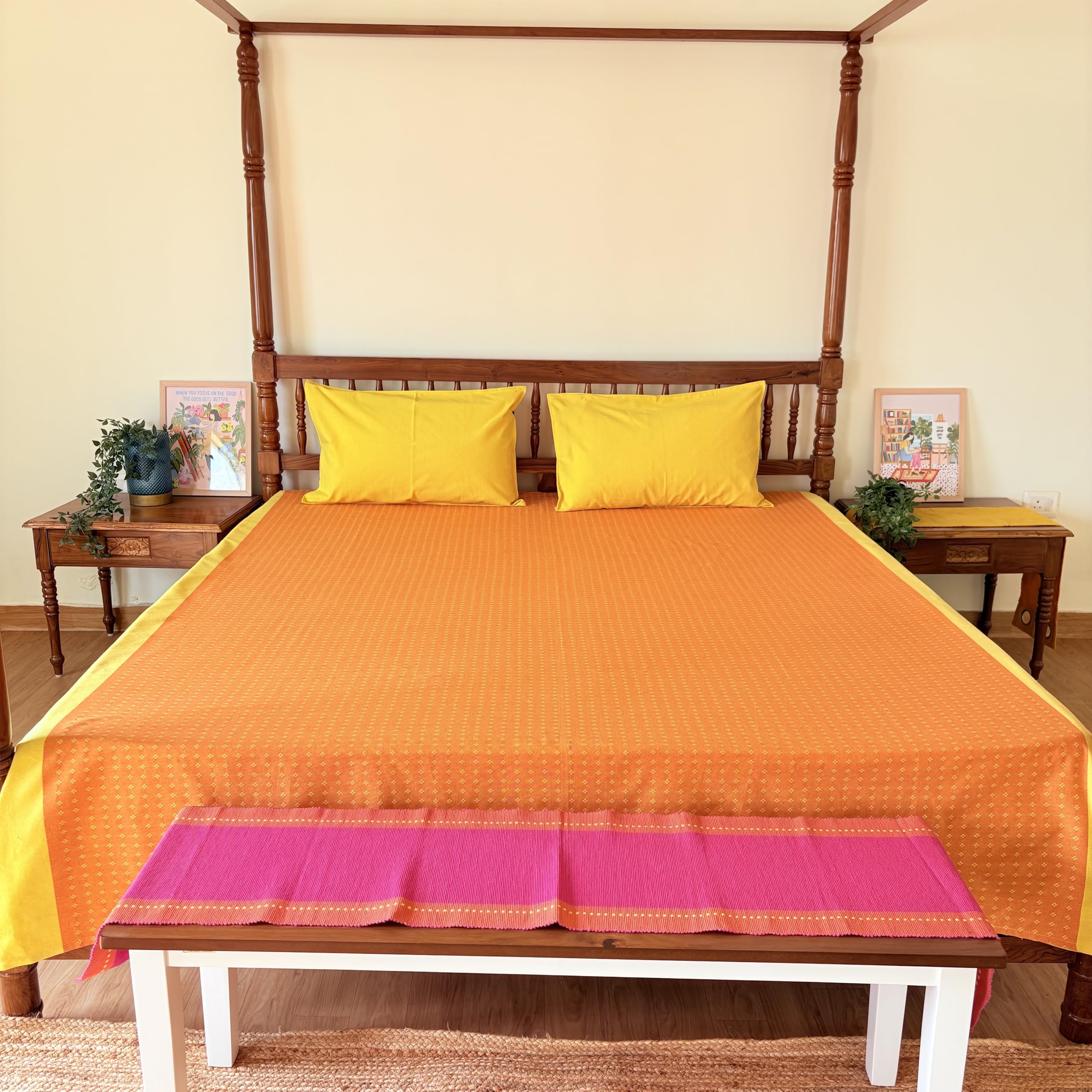 RANGBHAR Handloom Cotton Double Bedsheet - Orange & Yellow -1 RANGBHAR Handloom Cotton Double Bedsheet - Orange & Yellow -1