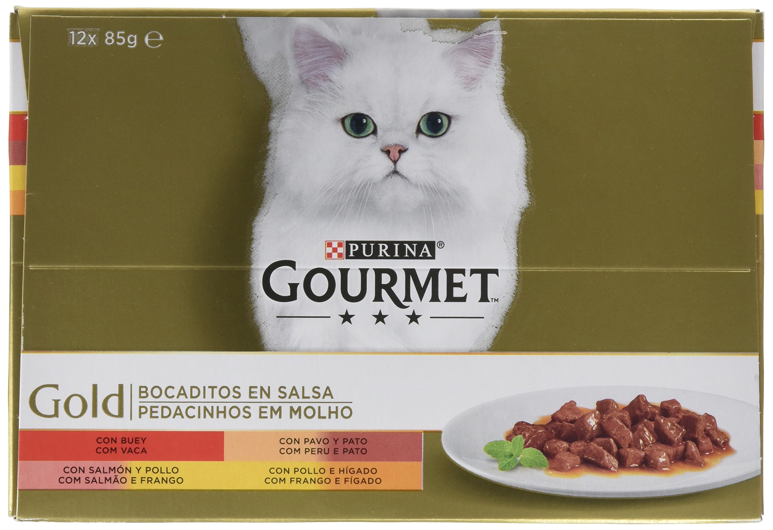 Gourmet Purina Gold Bocaditos en Salsa, Comida Húmeda para Gato Pack Surtido, 8 packs de 12 latas 85g - 96