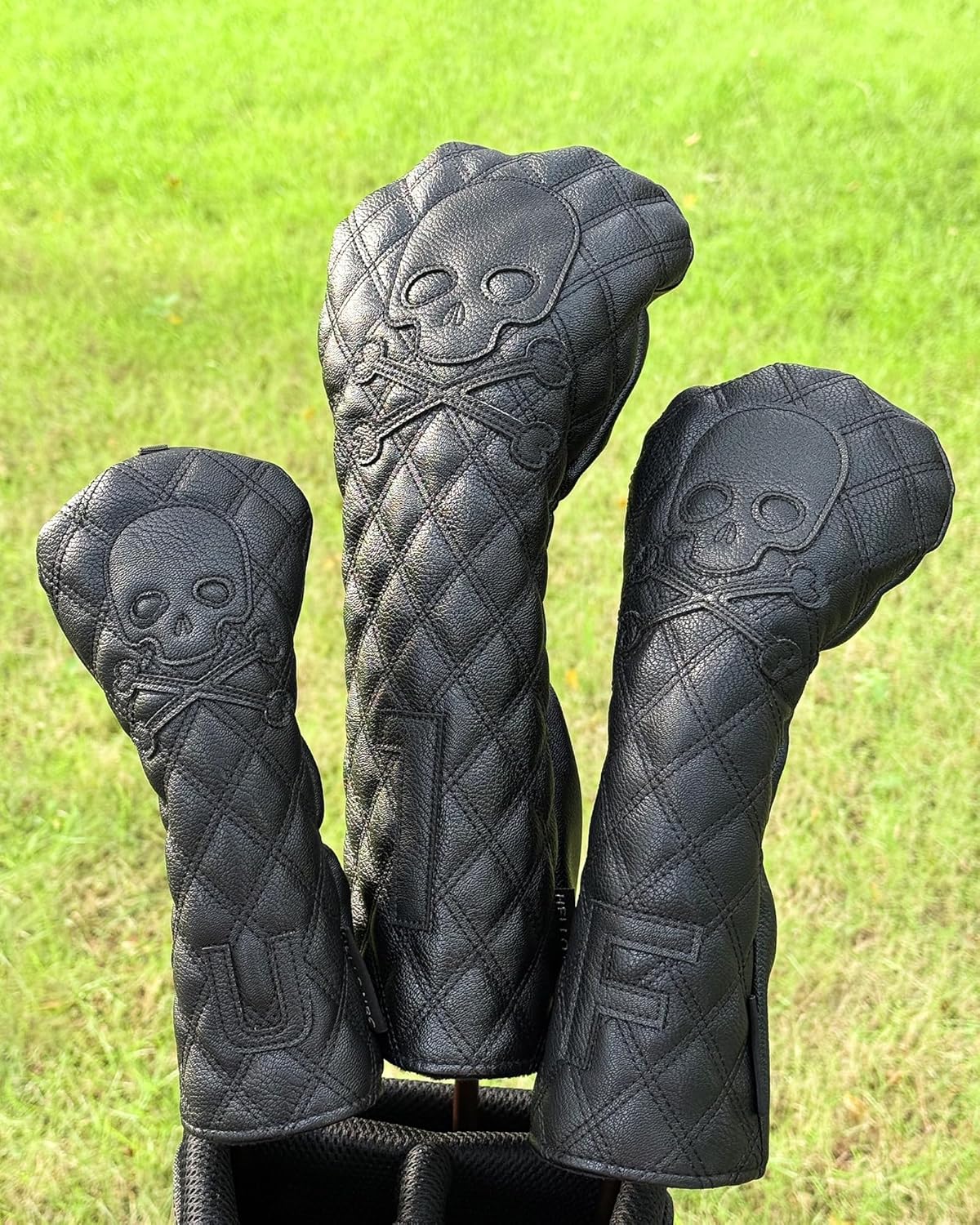 Golf Club Covers – Driver Headcover, Black Skull Leather, Fairway Wood & Hybrid, 3 Wood Headcover, Waterproof Easy-Clean, Universal Fit