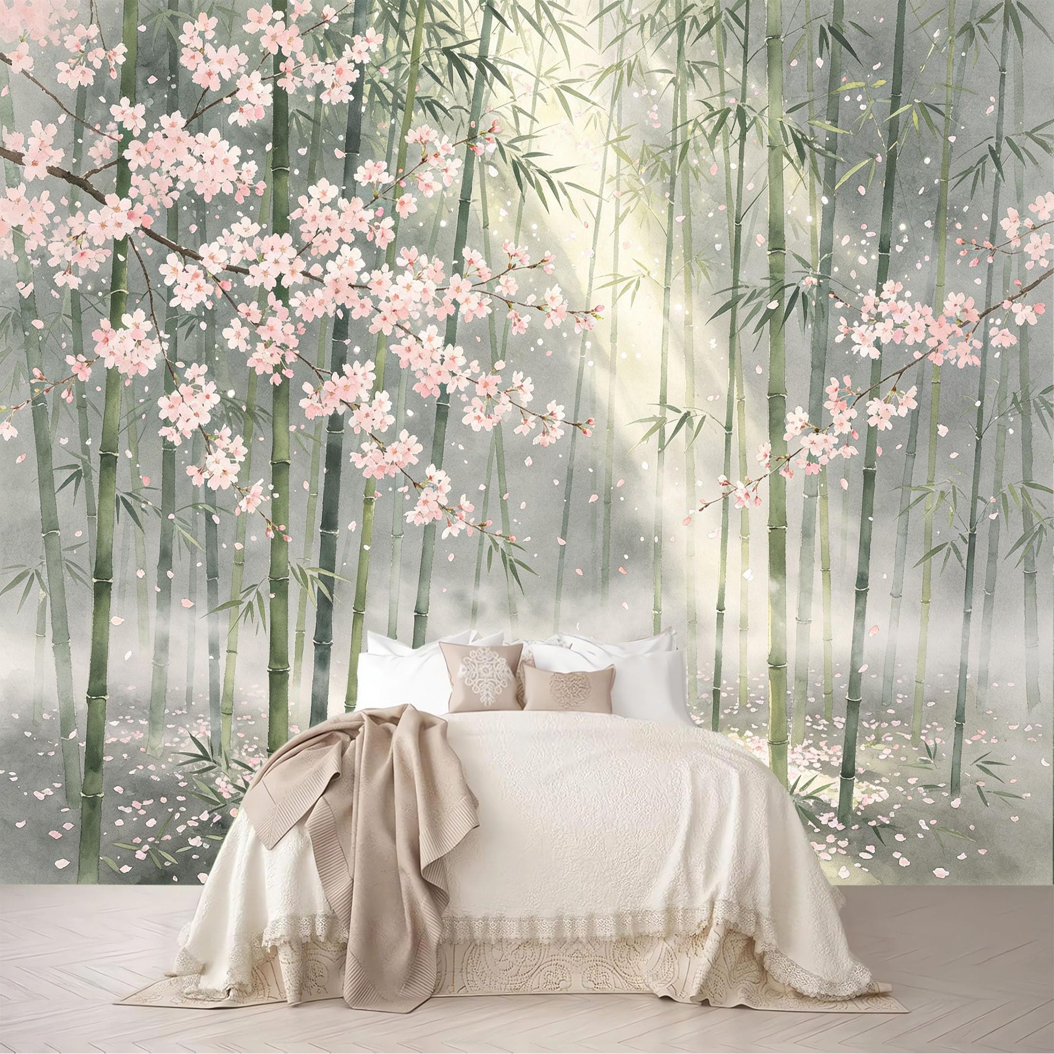 Custom Size Wall Murals Misty Bamboo Cherry Blossom Watercolor Forest Removable Self-Adhesive for Bedroom Living Room Dining Room