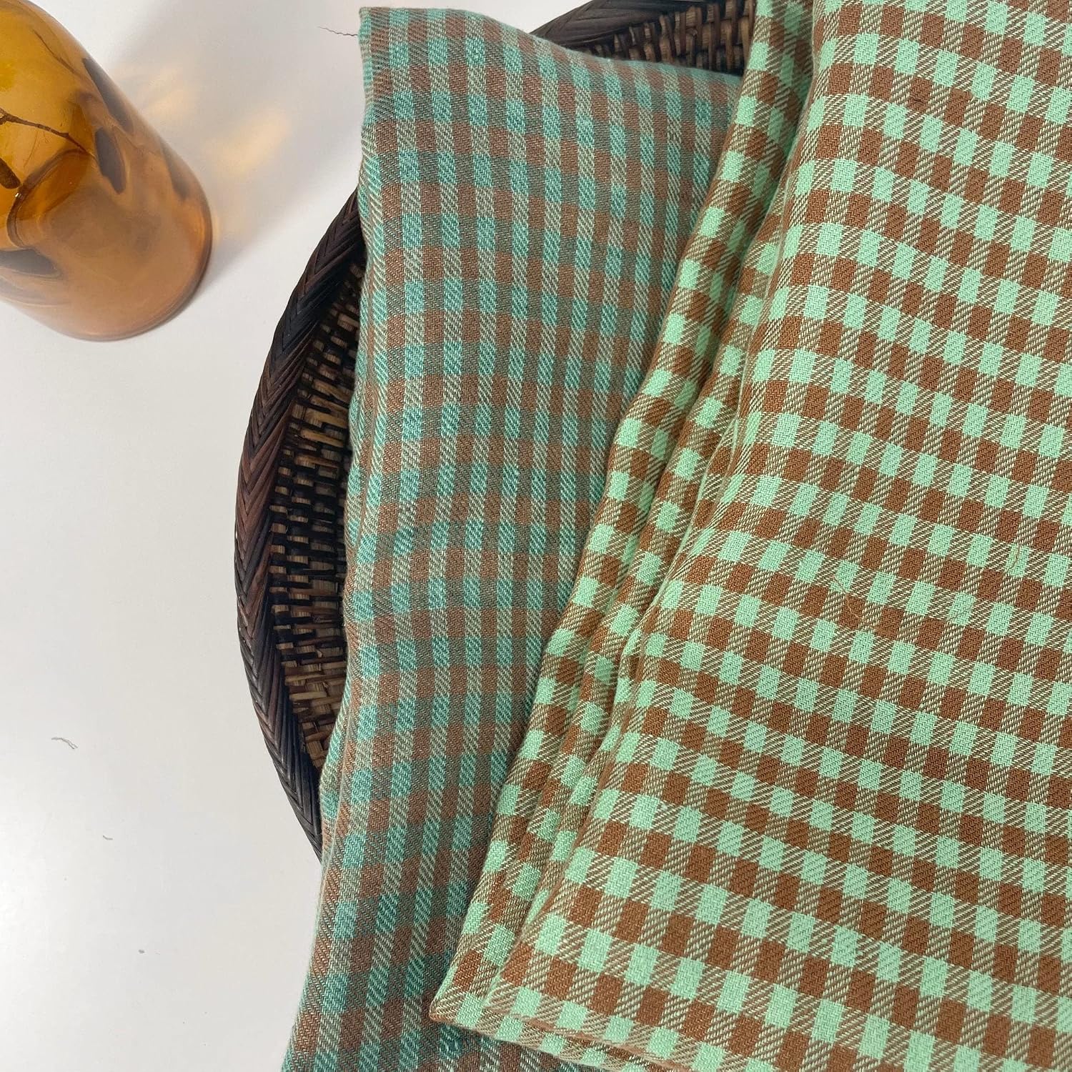 Green Twill Gingham Check Linen Fabric | Premium Quality & Soft Textile - Stylish Home Décor & Apparel