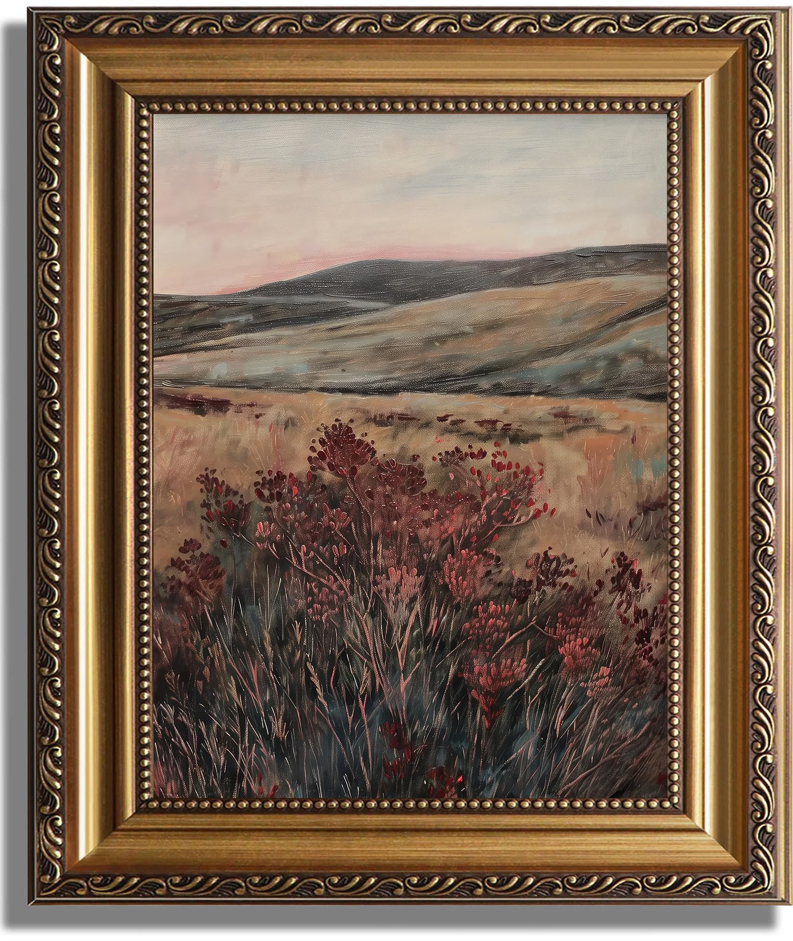 ASTRDECOR Gold Framed Moody Vintage Landscape Wall Art - Maroon Wildflowers Pastoral Canvas Print, Wildflower Oil Painting Farmhouse Wall Decor, Rustic Countryside Nature Decor for Bedroom, Living — image 1