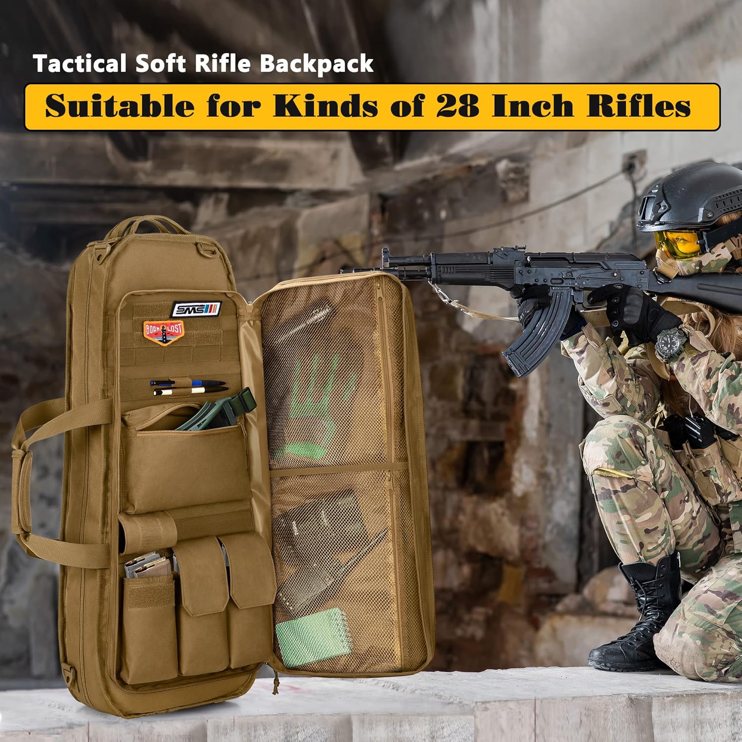 Tactical Rifle Bag Backpack Fits 28” Rifles, Soft Rifle Case with 3 Magazine Holders, Padded Shoulder Straps, Lockable Zipper and Molle System for Hunting and Shooting - Image 7