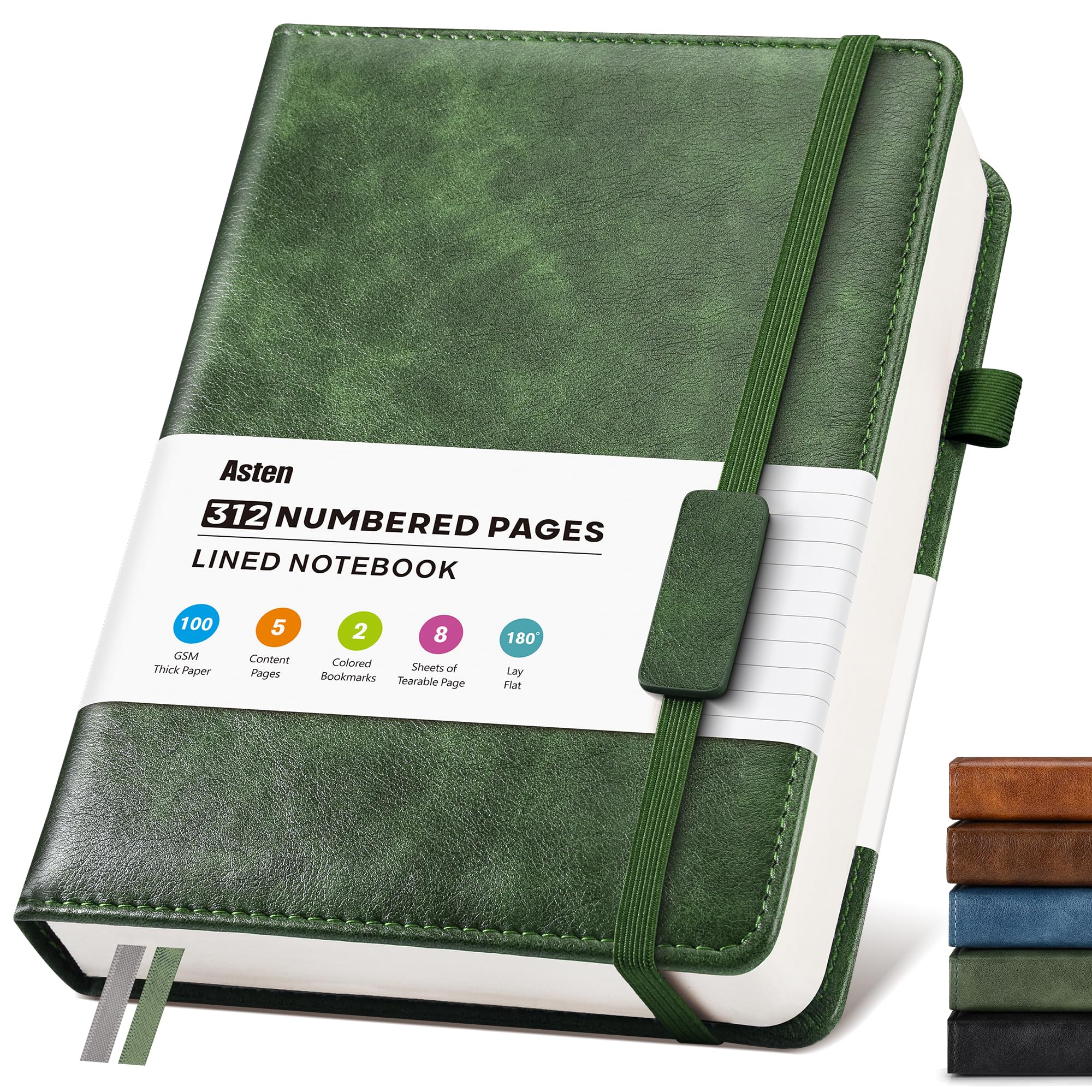 A5 Lined Leather Journal Notebook: 312 Numbered Pages & Index 100GSM Thick Paper Hardback Notebooks Journals for Women Men, Leather Note Book for Work Business School Study Writing Diary, Green