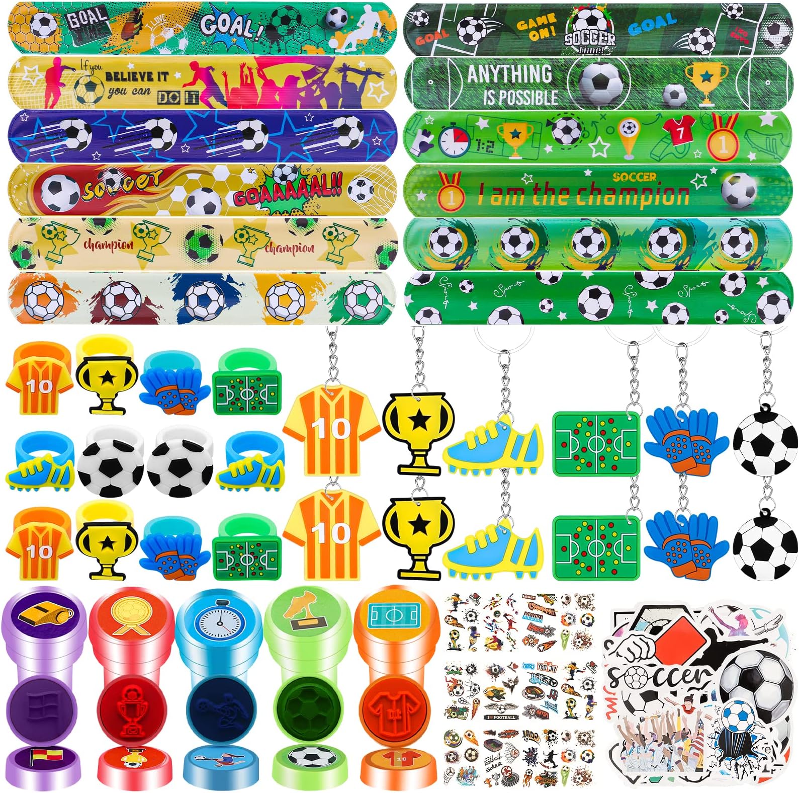 REMEL 108Pcs Soccer Party Favors for Kids Soccer Stamps Slap Bracelets Keychains Rings StickersTattoos Birthday Party Supplies Sports Party Carnival Prizes Prize Box Gift Pinata Goodie Bag Fillers