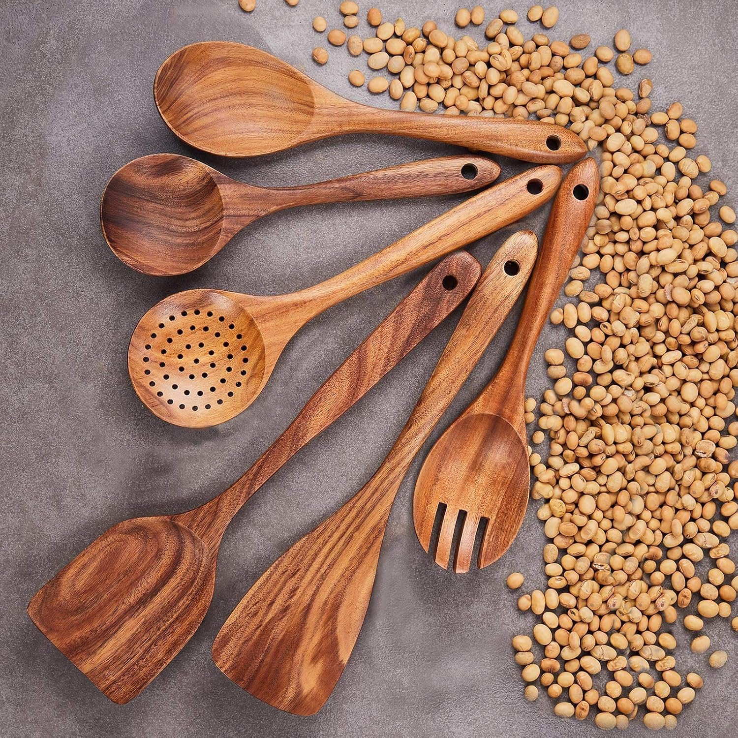 DUGAN Wood Kitchen Utensils Set | 6 Pcs Natural Acacia Wooden Spoons & Spatulas for Cooking | Non-Stick Safe Utensil Set with Soup Ladle, Wok Spatula, Salad Fork & Spurtles
