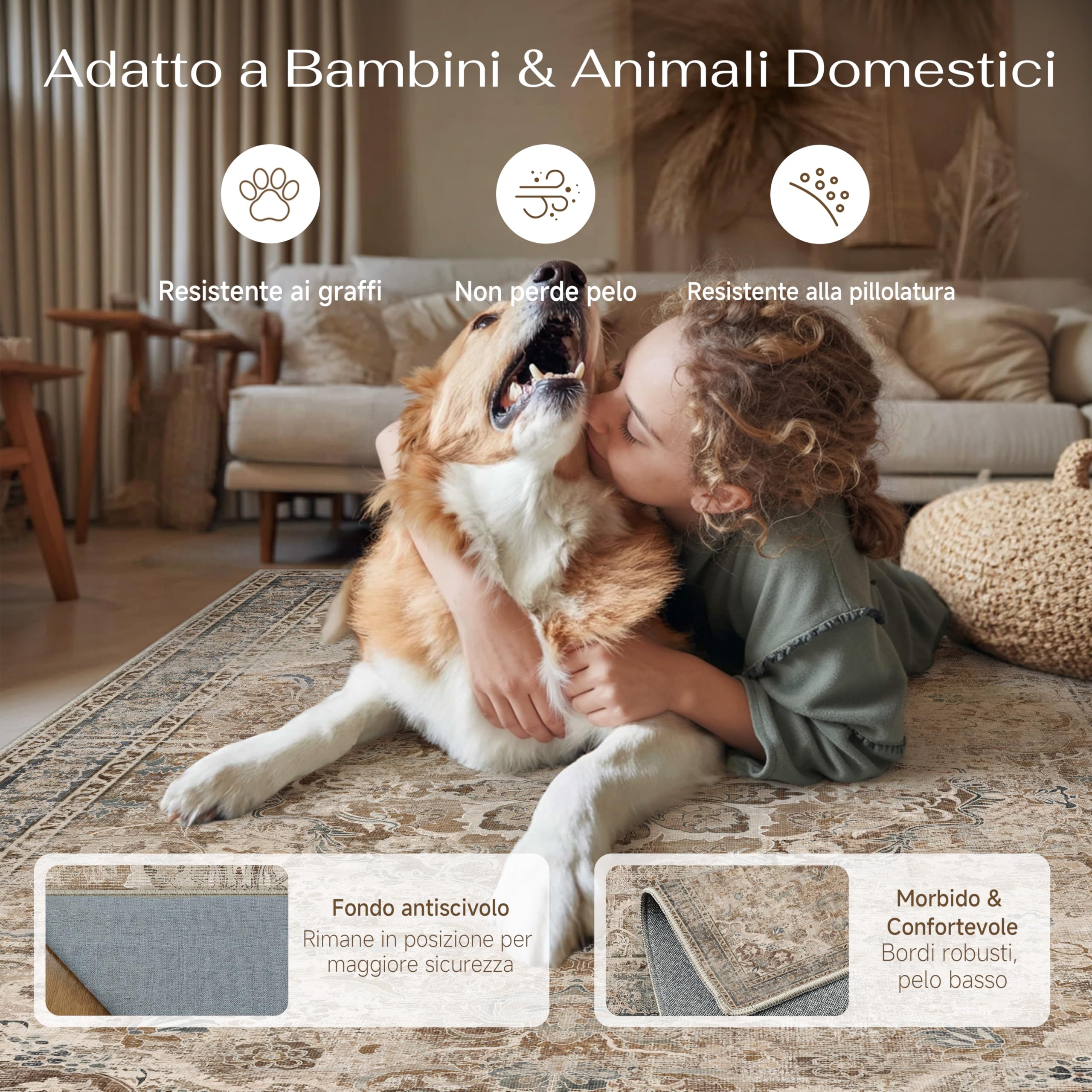 PureCozy Tappeto 120x170cm Antiscivolo Lavabile In Lavatrice Salotto Camera Da Pranzo Tappeti Pelo Corto Carpet,Marrone