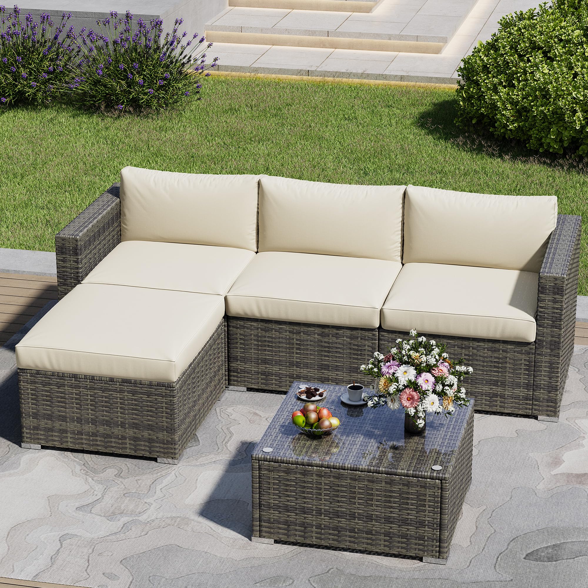 5 Piece Outdoor Patio Sectional Furniture Set, Weather Resistant Rattan Outside Couch, Waterproof Conversation Sofa for Balcony, Porch, Backyard, Deck, Garden,Beige