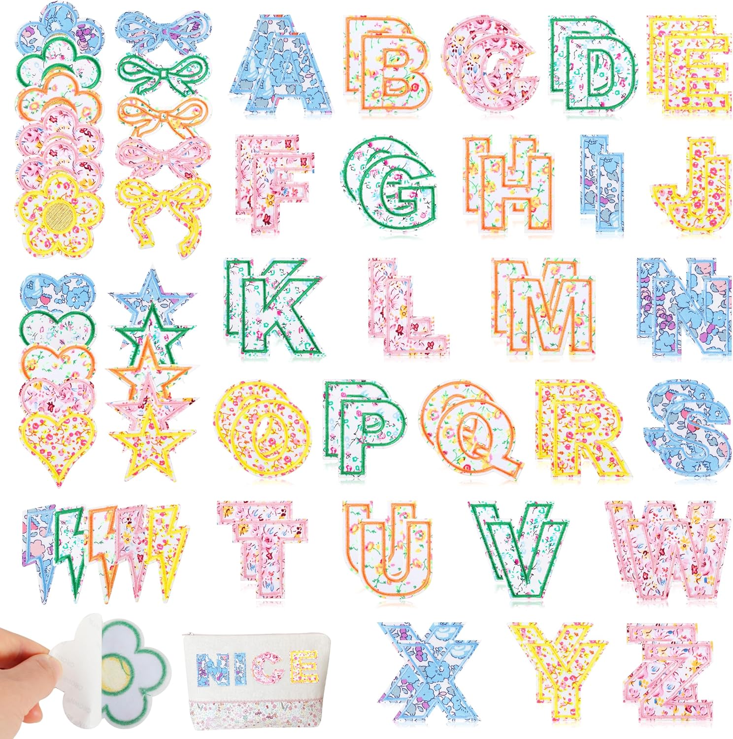 Self-Adhesive Letter Patches for Bags: NICEVINYL 78PCS Multicolor Floral Fabric Varsity Letters Stick on Patches - Cute Flower Star Heart Lightning Bows Sticker for Clothing Jackets Jeans Caps