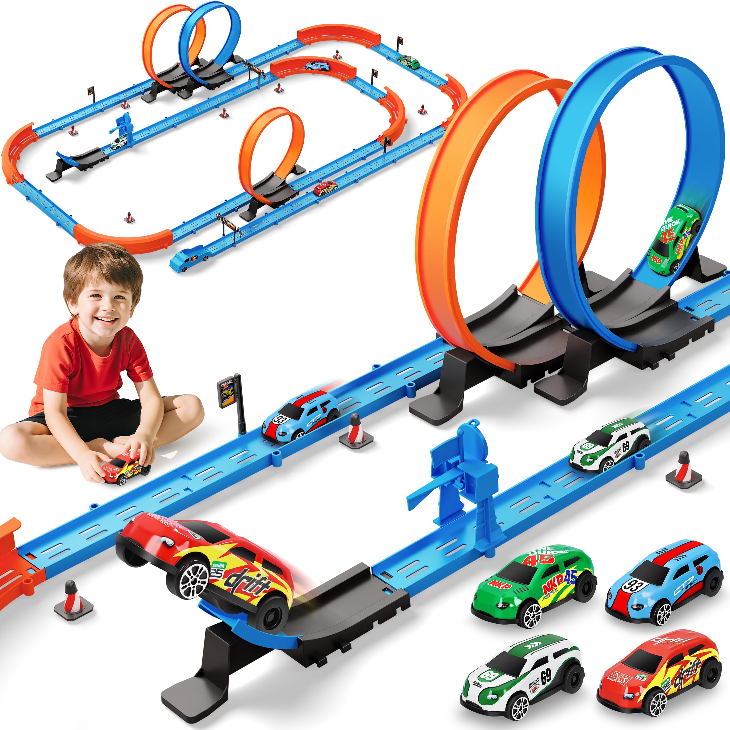 ‌Slot Car Race Track Sets with 360° Thrill Loops & 4 High-Speed Cars, 64 Pcs Large Flexible Racing Track for Kids Ages 3-5 4-8 8-12, Race Car Toys