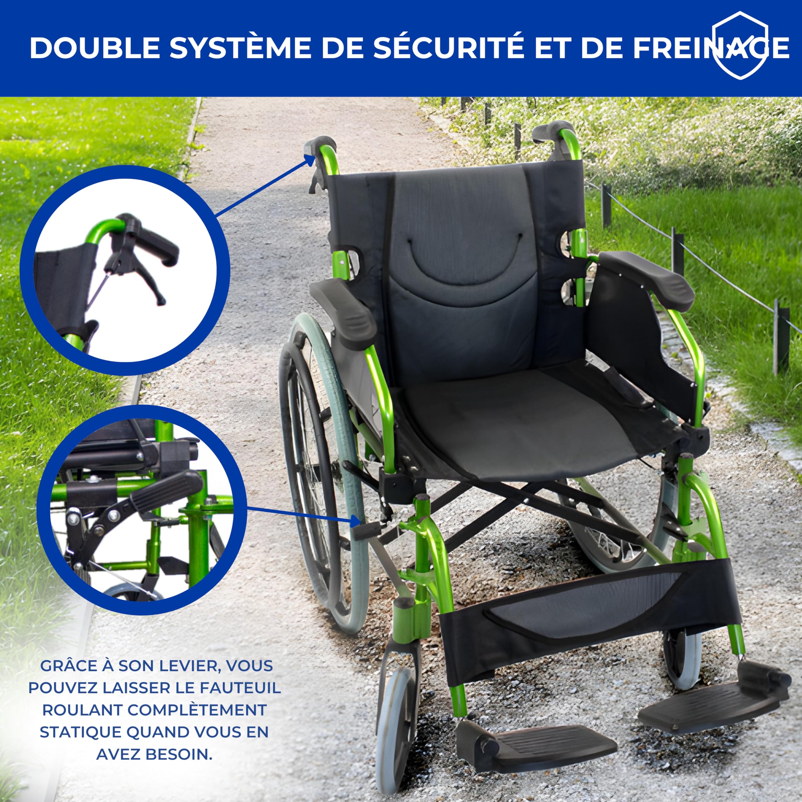 Mobiclinic®, Bolonia, Fauteuil roulant, Pliable et léger, Aluminium, Dossier divisible, Repose-pieds amovible, Pliables, Accoudoirs pliants, Pour adultes, Vert