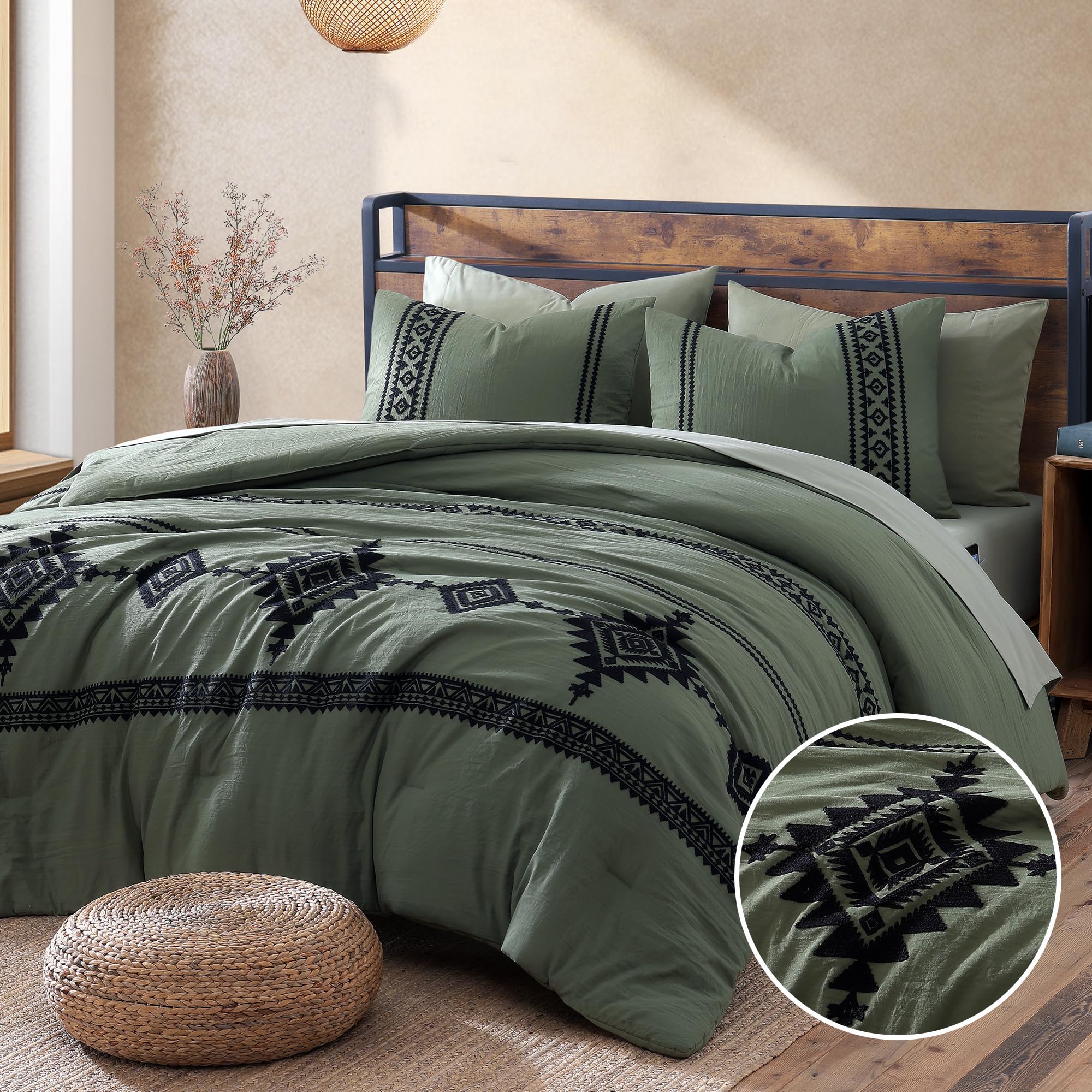 Photo 1 of MaiRêve Embroidery Comforter Set, Boho Farmhouse Western Bedding Set, All Season Bed in A Bag Comforter Set with Sheets, Pillowcases & Shams, Olive Green Full 7 Pieces