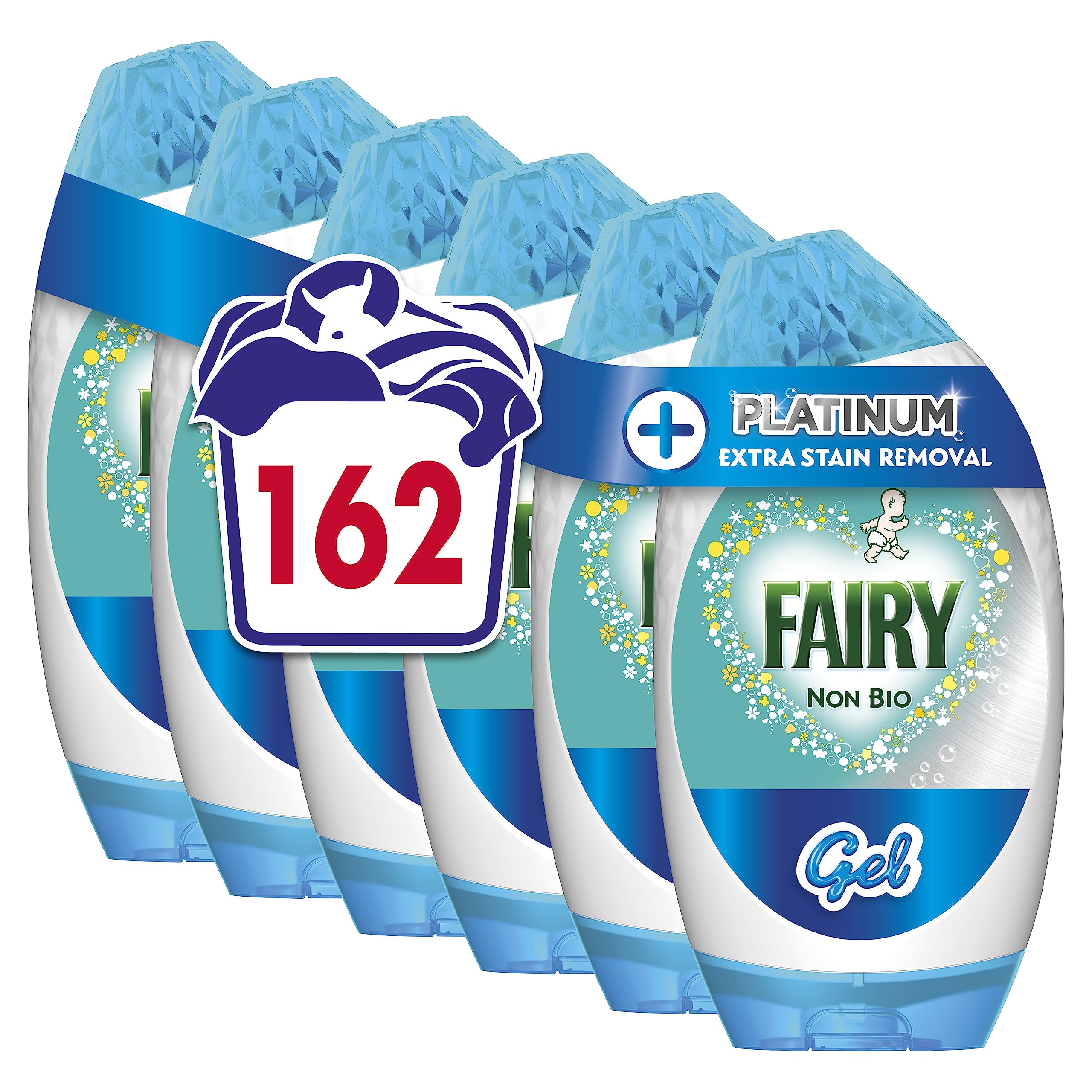 Fairy Detergente líquido para lavar ropa Non-Bio Platinum, 162 lavados (5.67 L x 6), Touch of Lenor frescura de larga duración, limpieza brillante incluso en un lavado frío